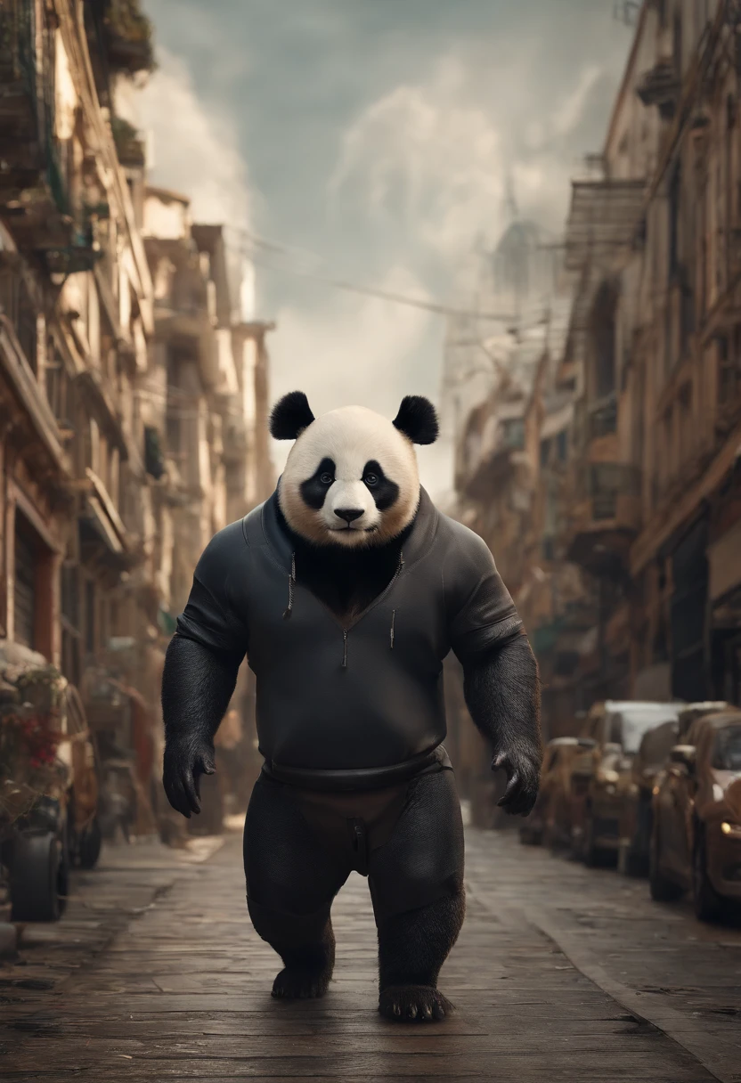 ((foto crua)), ((obra-prima)), Anthropomorphic humanoid panda wearing no clothes, andando entre as pessoas, detalhe intrincado, intricate Greebles pieces, city behind, sneaker, corpo musculoso, muscular arms, small head, Ogro monstruoso, Titan, soft-lighting, Hiper realista