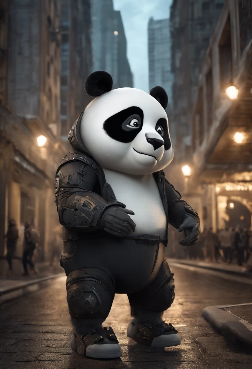 ((foto crua)), ((obra-prima)), Anthropomorphic humanoid panda wearing no clothes, andando entre as pessoas, detalhe intrincado, intricate Greebles pieces, city behind, sneaker, corpo musculoso, muscular arms, small head, Ogro monstruoso, Titan, soft-lighting, Hiper realista