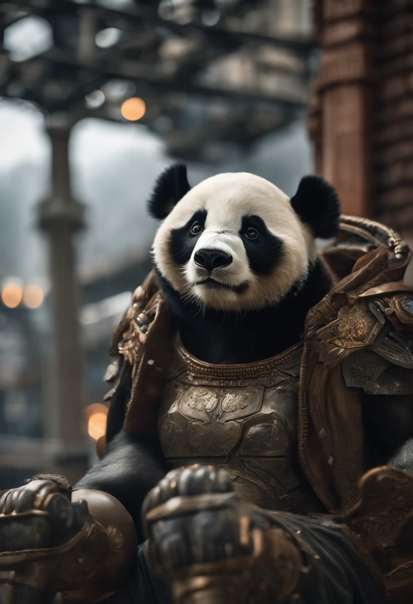 ((foto crua)), ((obra-prima)), Anthropomorphic humanoid panda wearing no clothes, andando entre as pessoas, detalhe intrincado, intricate Greebles pieces, city behind, sneaker, corpo musculoso, muscular arms, small head, Ogro monstruoso, Titan, soft-lighting, Hiper realista