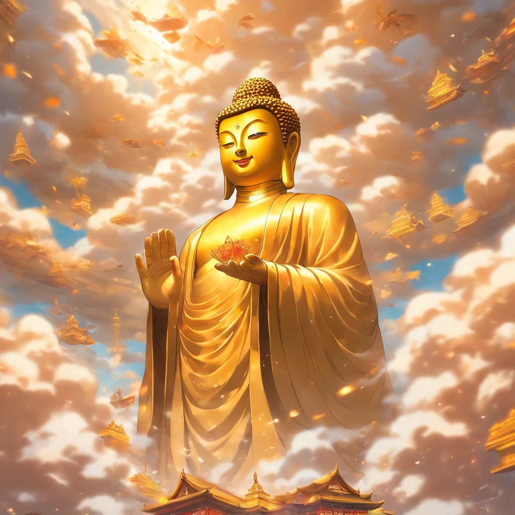 A huge golden Buddha statue rushed into the clouds,Pilgrims on the road,lightsmile,china style,In the distance, surrealism, stereograms, Tachi-e, Atmospheric perspective, hyperphotorealism, Cinematic lighting, God Light, Super Detail, ccurate, Best Quality, masutepiece, 16 K, high details, hight resolution, awardwinning, Super Detail, Anatomically correct
