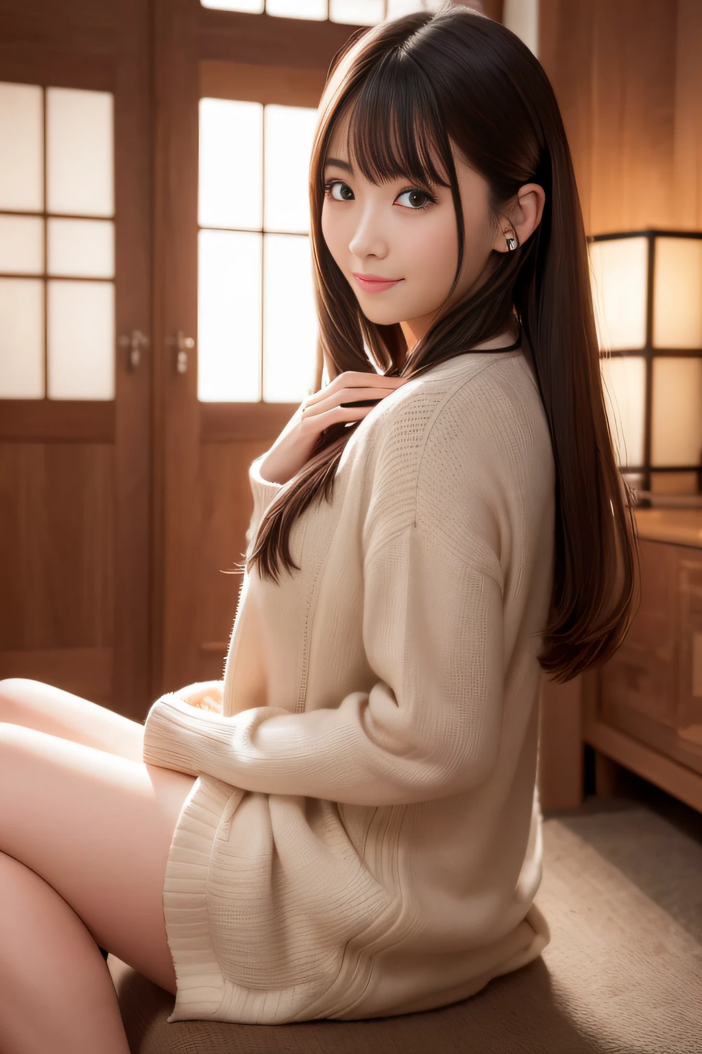 of the highest quality, masutepiece, 超A high resolution, (Photoreal: 1.4), Front view, Half body, western clothes, famous japanese actress, a very beautiful woman, Cute, Nice smile, Cinematic 35mm lens, F/1 .8, Accent Lighting, 8K, a room, Beautiful double eyes with equal left and right eyes, Hands down, poneyTail