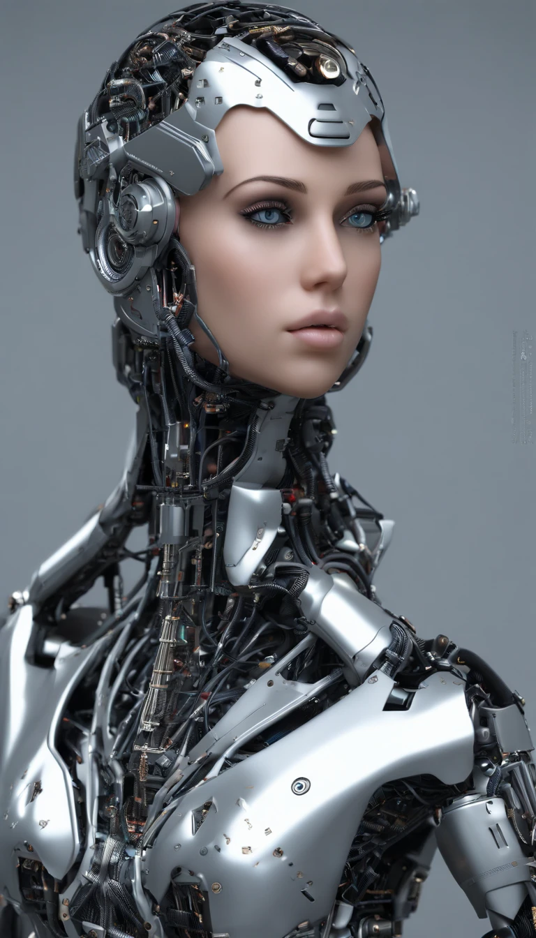 Portraid, Intricate 3d rendering of highly detailed beautiful ceramic female robot, ciborgue, robot parts, 150mm, beautiful studio soft light, Luz de aro, detalhes vibrantes, ciberpunk de luxo, RENDA, surreal, Anatomia , facial muscles, fios de cabo, microchips, elegance, fundo bonito, Octane rendering, Estilo HR Giger, 8k, melhor qualidade, obra de arte, illustration, Muito delicado e lindo, muito detalhado, realista, uniforme, ( fidelidade, fidelidade: 1.37), splendid, detalhe fino, obra de arte, melhor qualidade, arte oficial, Papel de parede realista Unity 8K muito detalhado, absurdo, Inacreditavelmente absurdoo, robot, capacete prateado, corpo todo, sentar e escrever