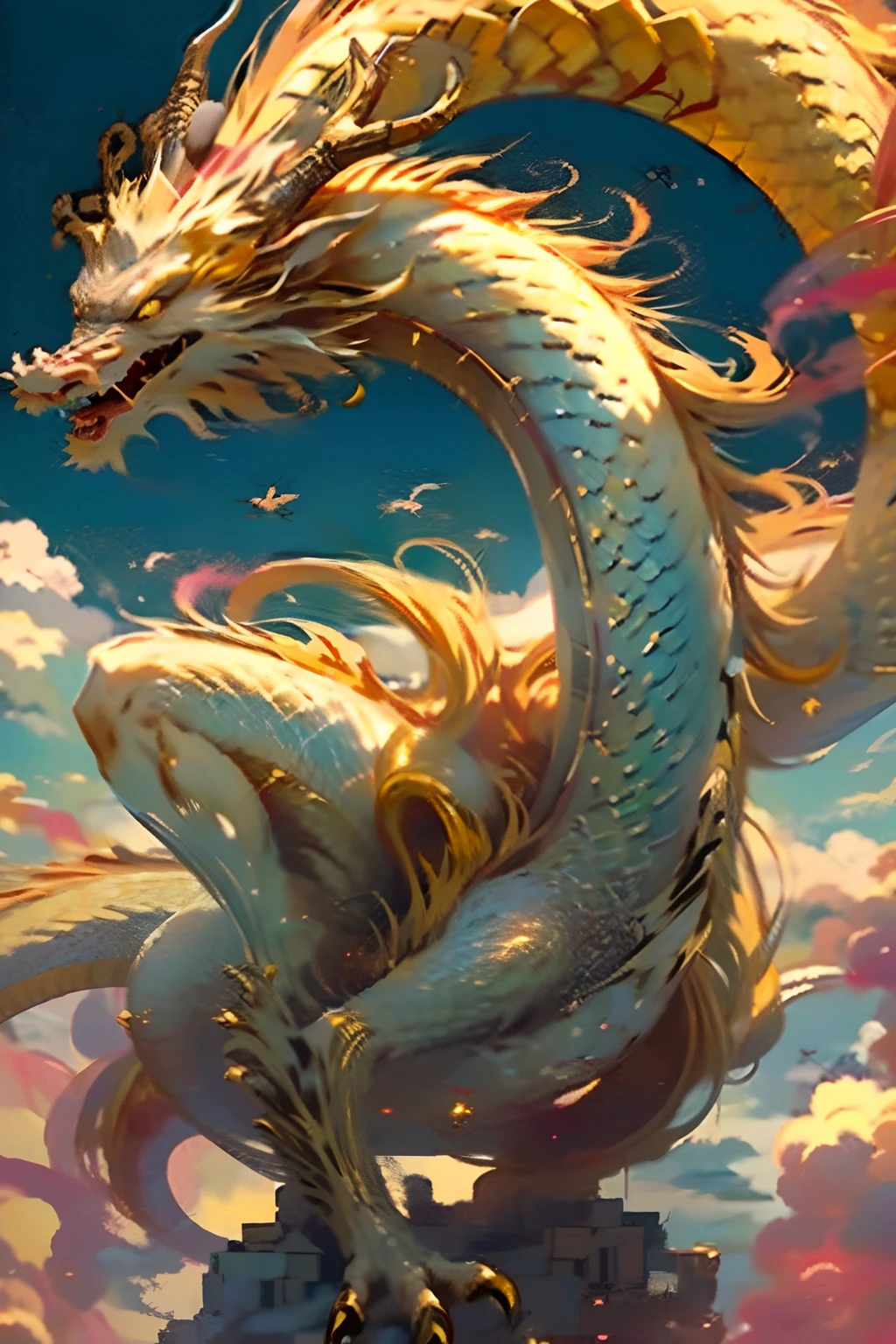 Q version, Golden, Best Quality, masutepiece, 超A high resolution, No human, (Length: 1.2), skyporn, Yellow eyes, Clouds, scales, Oriental dragon, Open mouth, sharpteeth, Flying, Horns, tusk, skyporn, Toenails, tusk, Blue sky, fire-breathing、Photorealism、32k quality