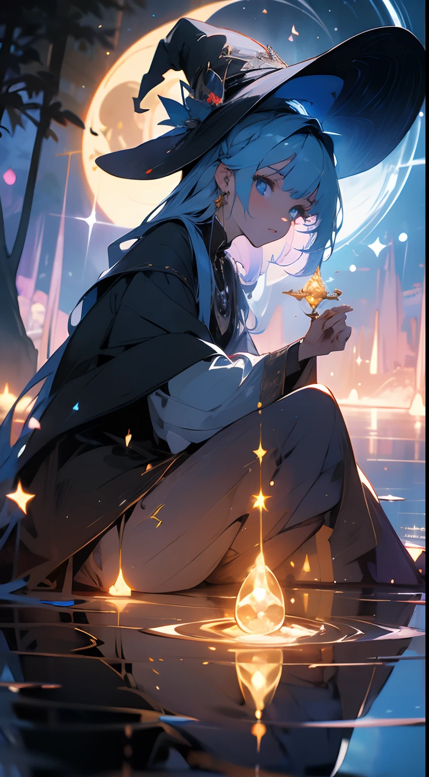 ((masterpiece)), best quality, a mysterious witch meditating on a lake, 1girl, gorgeous,  spell, witch, holding circle, earth, moon in the background, reflections, depth, bokeh, traced lights, peace, peacefull, sitting, expressive eyes, blue eyes, glow eyes, light blue hair, particles, fantasy, magical, (perfect anatomy), (pefect scenary), spell, spell glow, breath taking, amazing view, golden details
 (beautiful scenery),(perfect face),
BREAK A magical nighttime landscape bathed in ethereal glow and moonlight, the witch is wearing black clothes, a beautiful hat with golden details, a mysterious and magical atmosphere, the image transmit good vibes, the image pass peaceful emotions, peeaceful mood, cosy,confot

BREAK UHD,4K, digital art, visual masterpiece,complementary colors, harmony