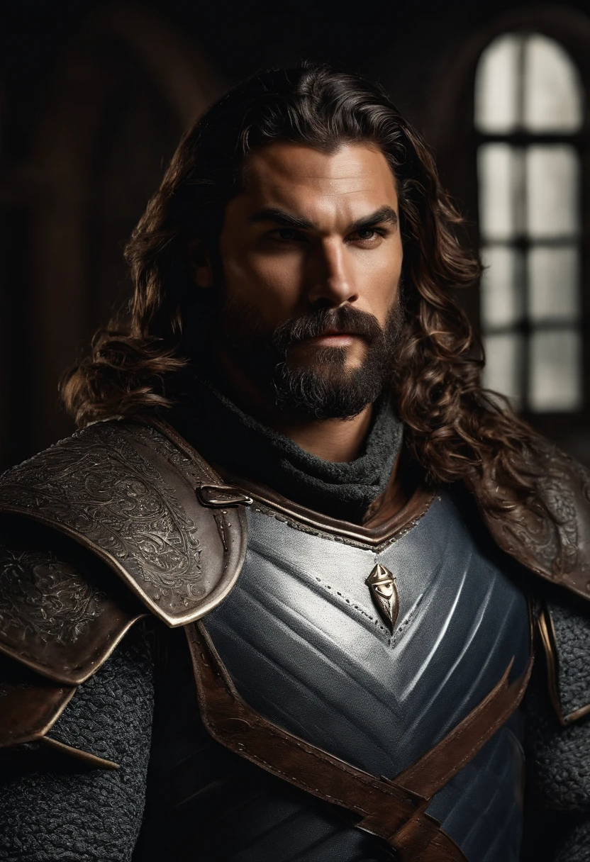 homem ator Jason Mamoa, with a beard and sharp brown eyes, corpo musculoso extremamente forte, foto de corpo inteiro, sozinho, ((homem Elfo de 36 anos)), (((olhos castanhos detalhados ultra realistas))), detalhes intrincados de um homem com olhos castanhos, sorrir, wearing shiny silver medieval steel armor, hero pose, as a paladin of the Dungeon and Dragons RPG Oath of Glory, ultra textura de pele, ((Detalhes do rosto, Armor with a navy blue tunic)), skin imperfections, detalhes intrincados, (standingn ), cabelo marrom escuro prezo com um rabo de cavalo, nevoeiro, volumeric lighting , ((faixas de luz no rosto)), cabelo bronze, sombras escuras, visualmente interessante, Ultra realismo.