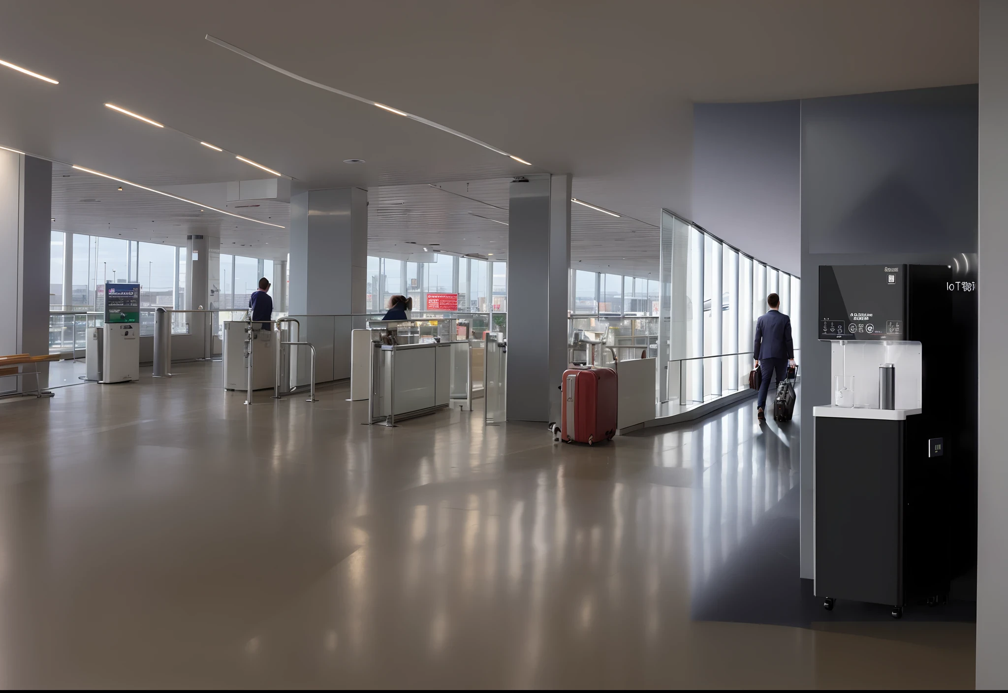 Airport terminals,Polished floor,Oversized glass curtain wall,Outside the window you can see the plane taking off