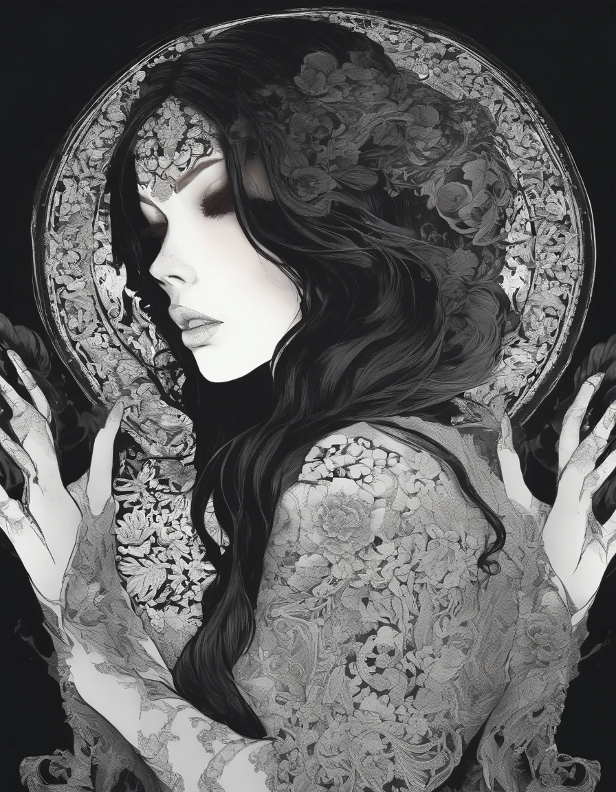 high definition, realistic, 1girl detailed skin, standing young women, back view from head to back of knees, , dark hair. (hugging herself around her shoulders so her hands can be seen from the back). smokey black background, lit from directly above, high contrast hard shadows, surreal. moody, artistic
