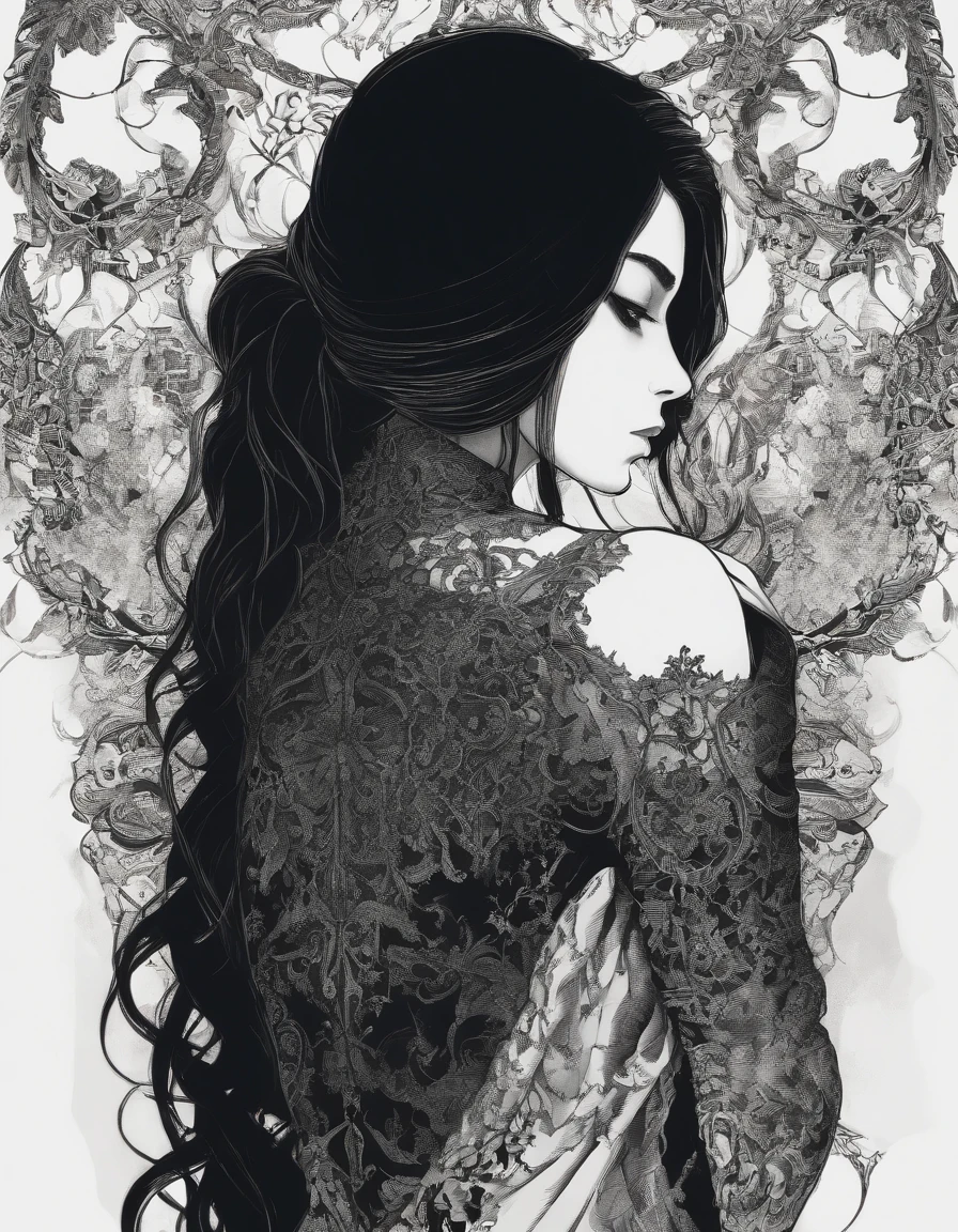 high definition, realistic, 1girl detailed skin, standing young women, back view from head to back of knees, , dark hair. (hugging herself around her shoulders so her hands can be seen from the back). smokey black background, lit from directly above, high contrast hard shadows, surreal. moody, artistic
