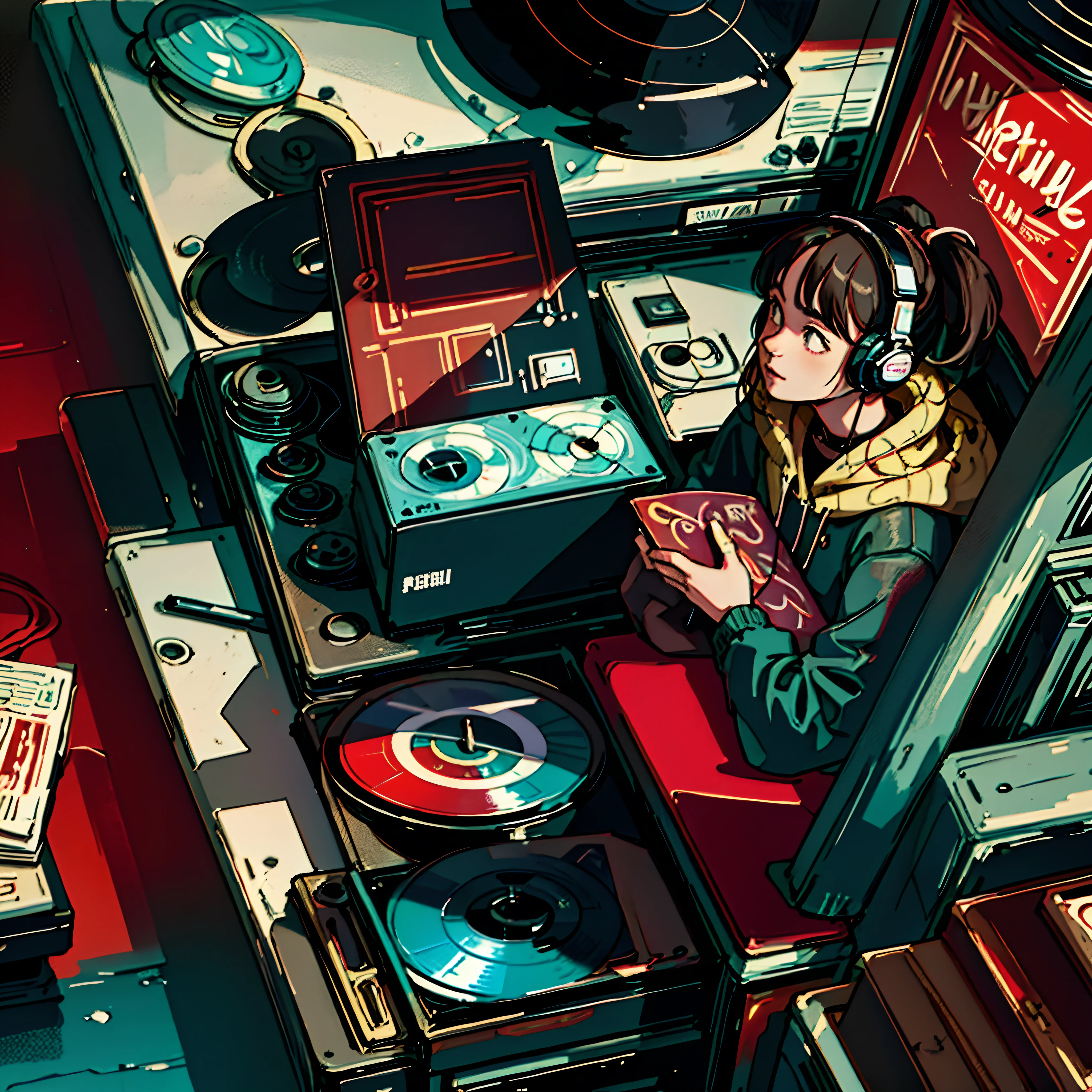 (longshot), wideshot, (film noise), old cartoon, (lots of records:1.3), vinyl record shop, (masterpiece, highest quality, highest quality, official art, beautiful and aesthetic: 1.2), (woman listening to music with 1 headphones), very detailed, (fractal art: 1.4), supreme detail, guitar, (notes: 1.4), ( lo-fi hip-hop), side view, old anime texture, solo, loudspeaker, cyberpunk, vinyl, picture of vinyl