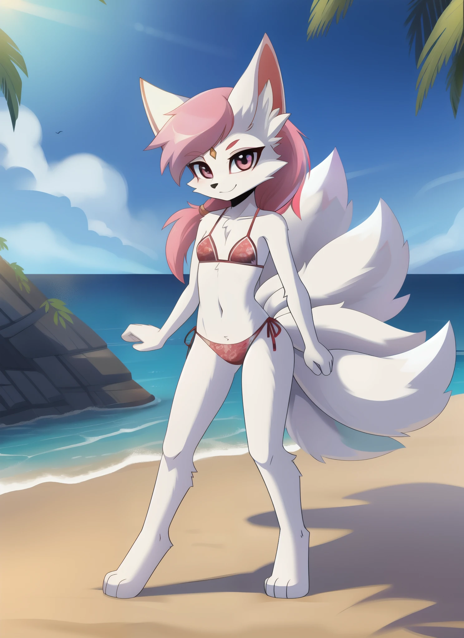 kimiko, furry female anthro, fox girl, white body fur, Pink hair, paws whit three toes, bikini, small breasts, detailed body fur, detailed body, detailed face, detailed eyes, glistering body, shiny body, skinny, :3, multiple tails,  multi tail, solo, body fur, (best quality), detailed beach, clear sky, full body, cinematic lighting, looking at viewer, anime style, short ponytail,