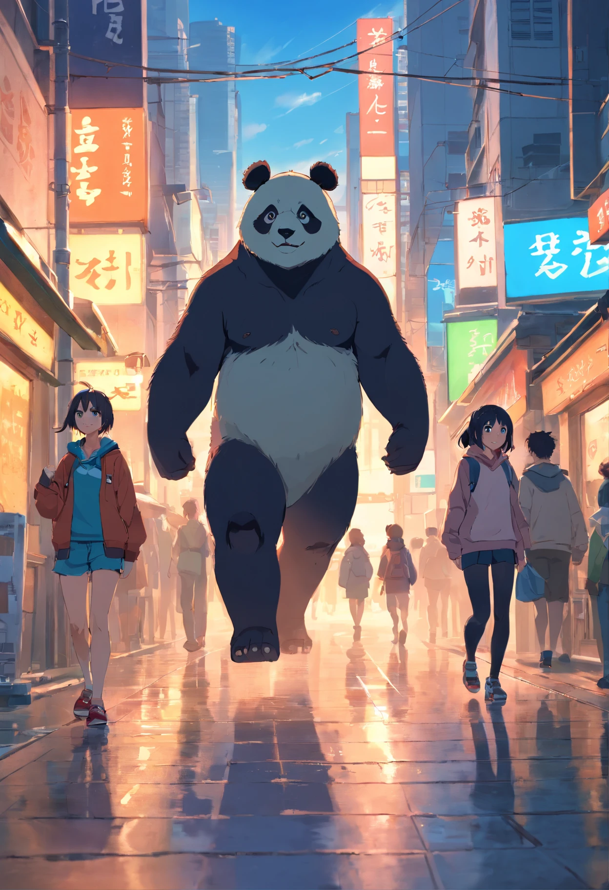 ((Foto en bruto)), ((obra-prima)), Anthropomorphic humanoid panda no clothes, Caminar entre personas, Detalles intrincados, intrincadas piezas de Greebles, City behind, Zapatillas de deporte, cuerpo musculoso, brazos musculosos, Small head, Ogro monstruoso, Titan, soft illuminaotion, hiperrealista