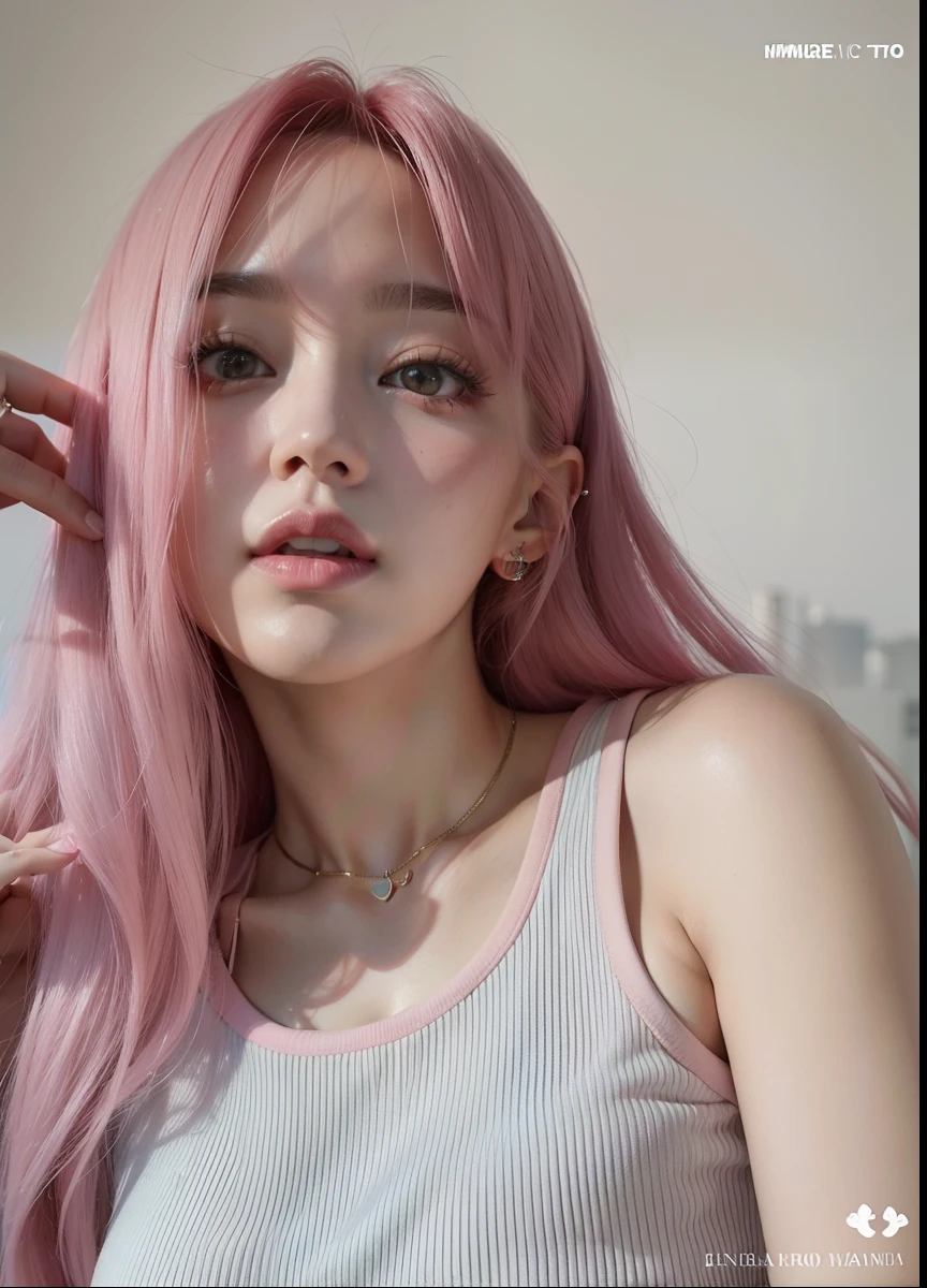 um close up de uma mulher com cabelo rosa e uma regata branca, cabelo liso rosa, com cabelo rosa, flowing pink hair, tom de pele rosa pastel, Lalisa Manobal, long flowing pink hair, Parque Roseanne do Blackpink, jossi do blackpink, Lalisa Manoban do Blackpink, cabelo rosa claro, Ulzzang, cabelos longos com cores pastel