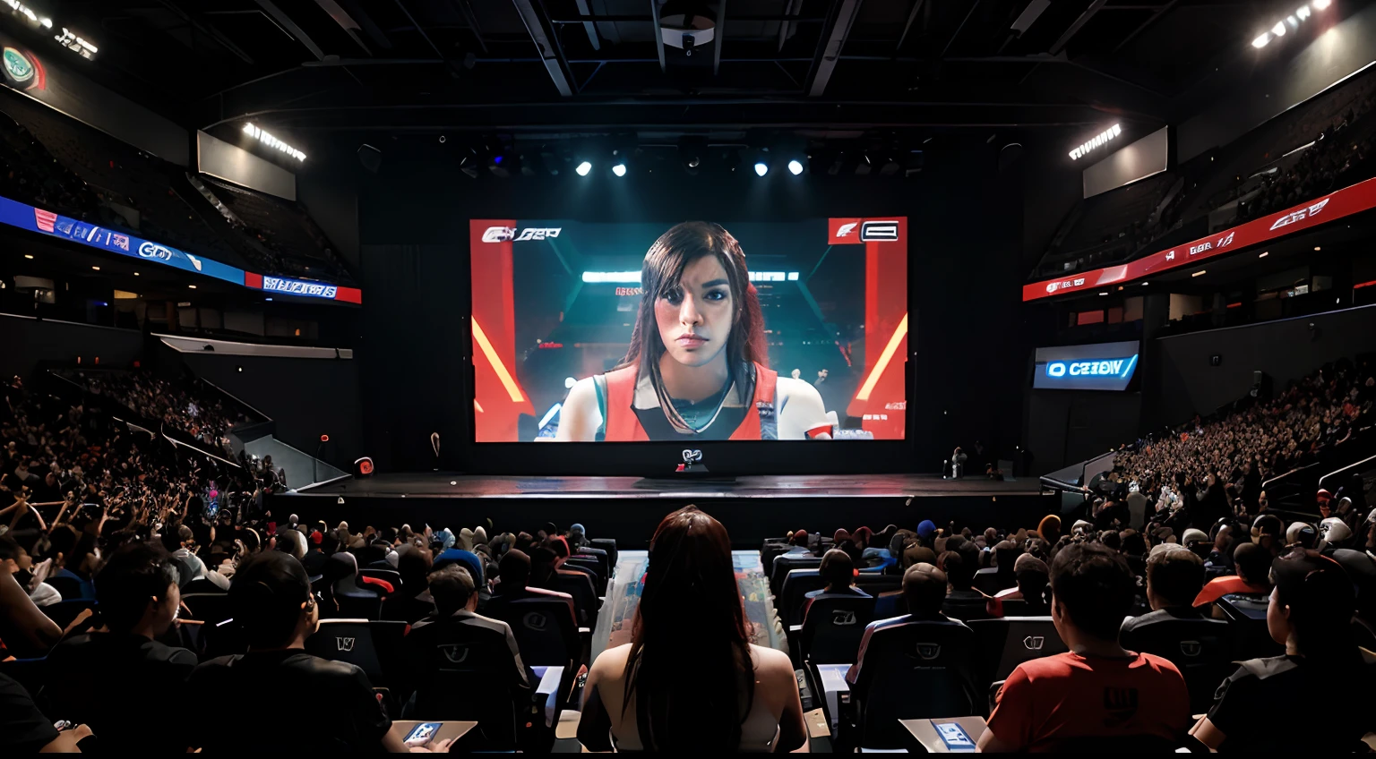 Audience, crowd, eSports theme, cyberpunk, big screen