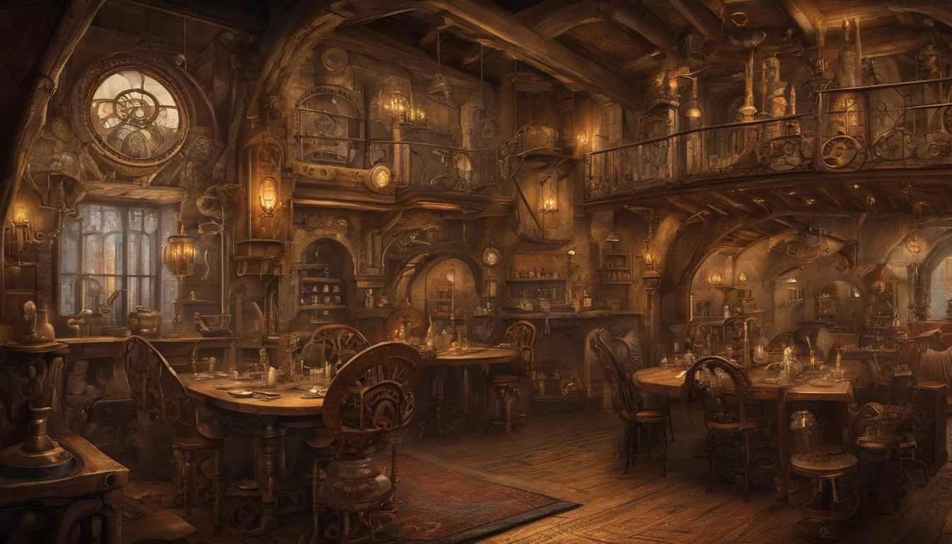 high fantasy, crowded inn with dining, medieval background