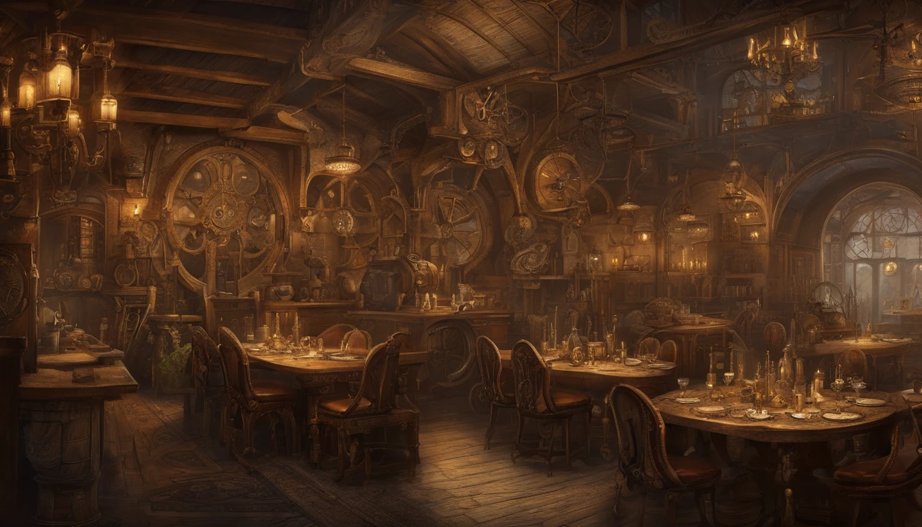 high fantasy, crowded inn with dining, medieval background