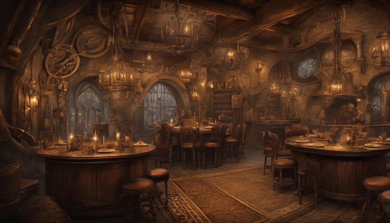 high fantasy, crowded inn with dining, medieval background