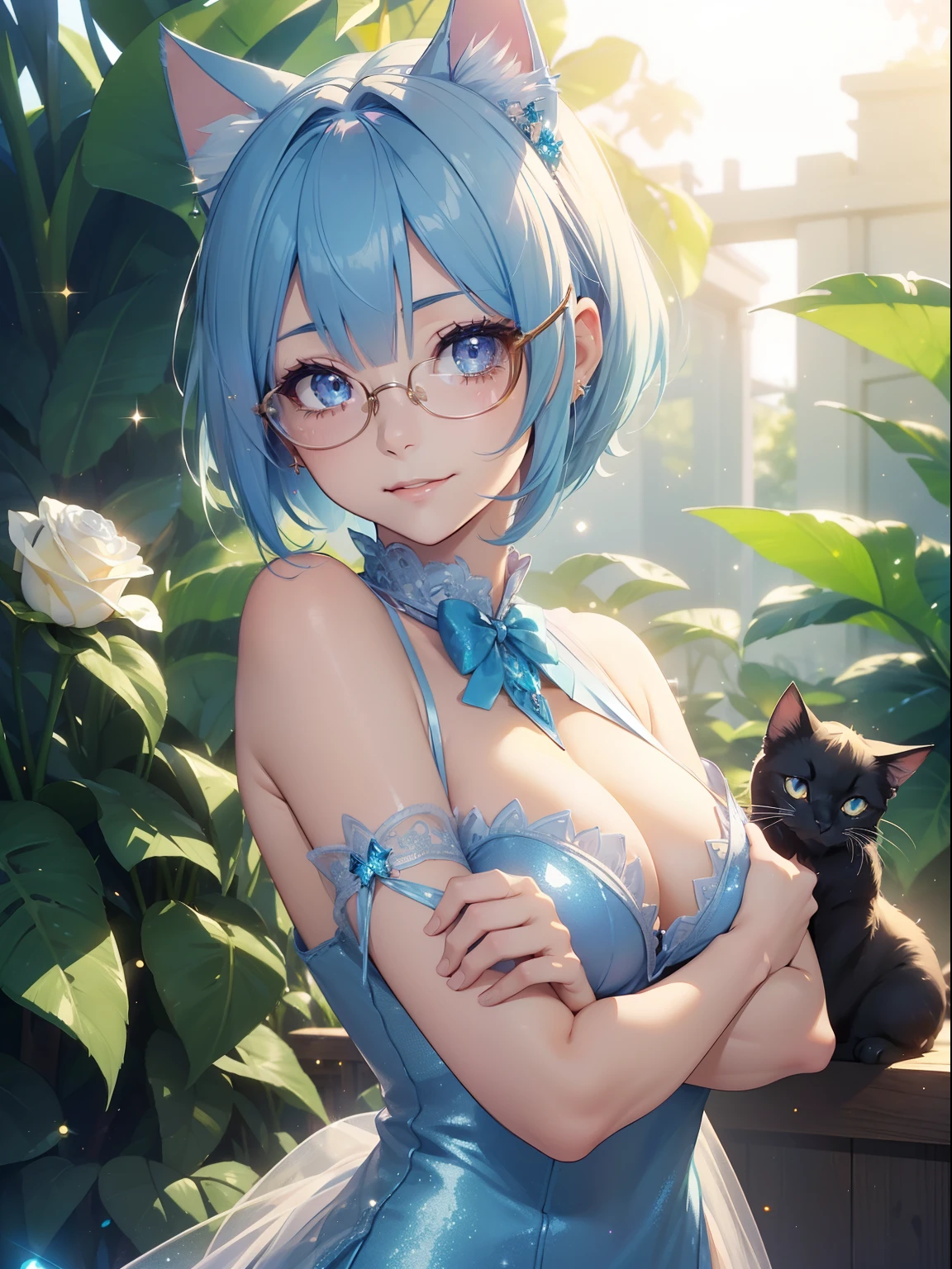 masutepiece, High resolution, 8K, anime woman, Delicate and detailed writing 、Detailed digital illustration、(((Pixie Bob)))、Shiny hair、a very beautiful woman、Eyes are double, Large,、 Bust is D cup、High image quality, High quality、Detailed background、The inside of the eye shines like a diamond、(((Blue hair)))、(((swept bangs)))、Gradient pupil、(((2 arms、4 fingers, 1 thumb)))、Detailed female face、a very beautiful woman、、细致背景、masterpiece、Soft Focus , Bright gradient watercolor , Lens Flare , (((Glitter))) , Glow , Dreamy ,Idol、Light blue ribbon、((Very beautiful light blue rose hair accessories))、White and light blue and golden costume、(((wears glasses)))、intelligent woman,、((Full smile))、((Macro for the eyes))、(((Cat's ears、SEXY cat costume)))、((Cross your arms behind your back)))、((Holding a cat))
