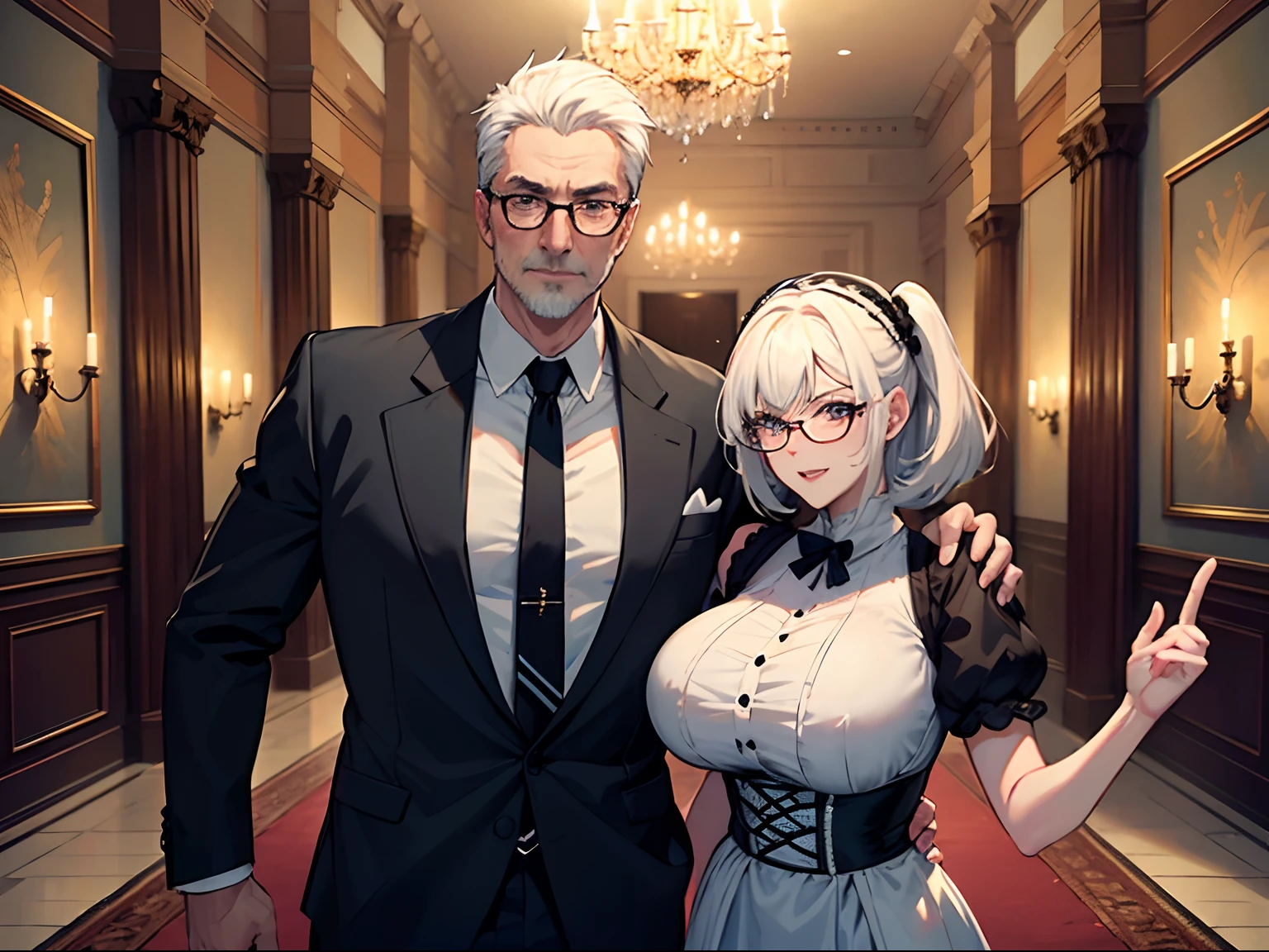 Inside the mansion，big hall，（（50-year-old couple of 2 people）），（（Brush cut））Tough face，The face is vicissitudes，White hair, over-rim eyewear,（（big laughter））Arms raised，Finger forward。From below, Cowboy shot, Eye level shots，anime big breast, Cinematic lighting,  8K, Best quality, A high resolution，（full bodyesbian）（（full bodyesbian）），Lots of friends and family， --auto