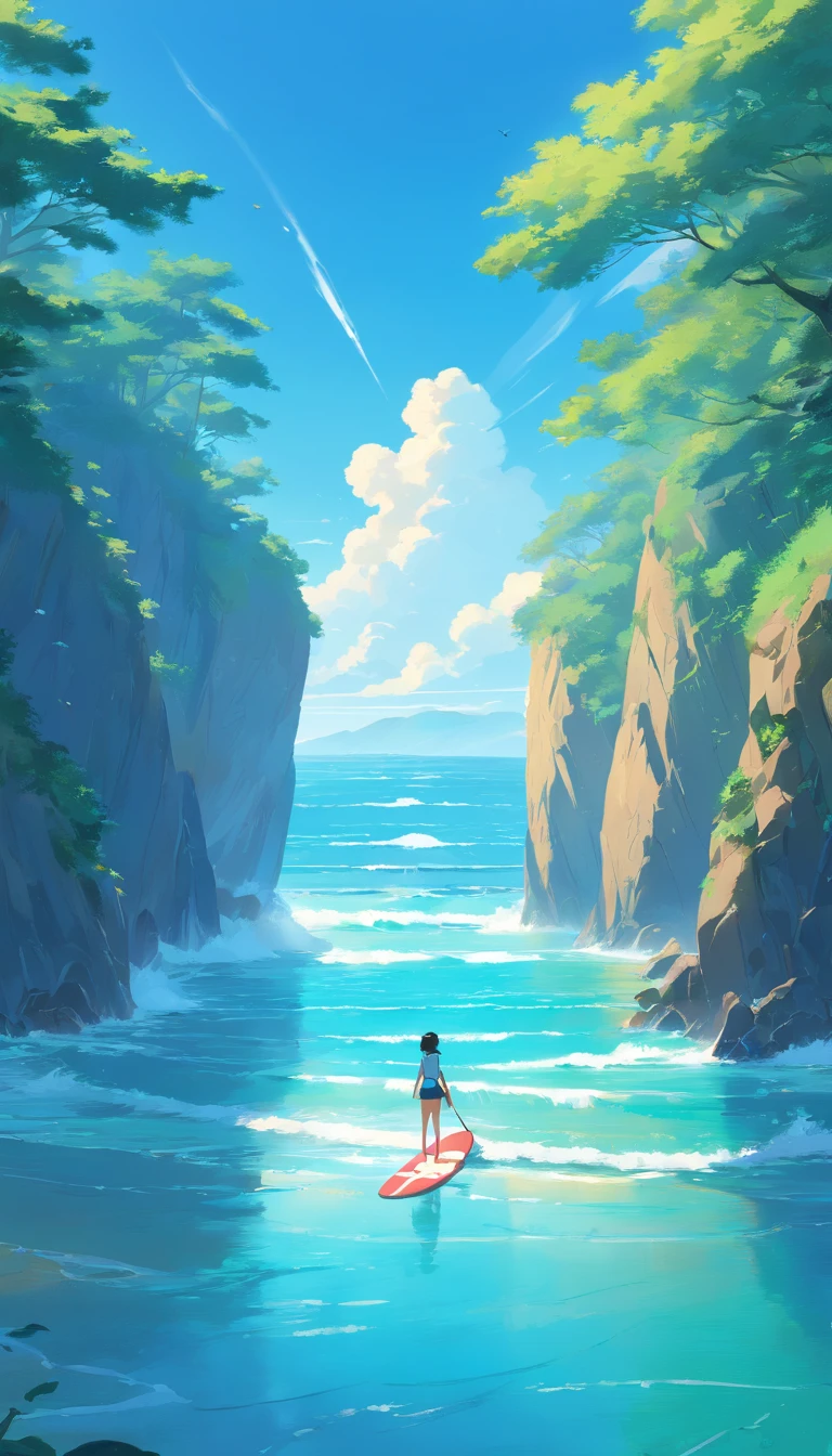 blue-sky,baiyun,Birds in the distance,Mare,surfboard、Vast image,Faraway view