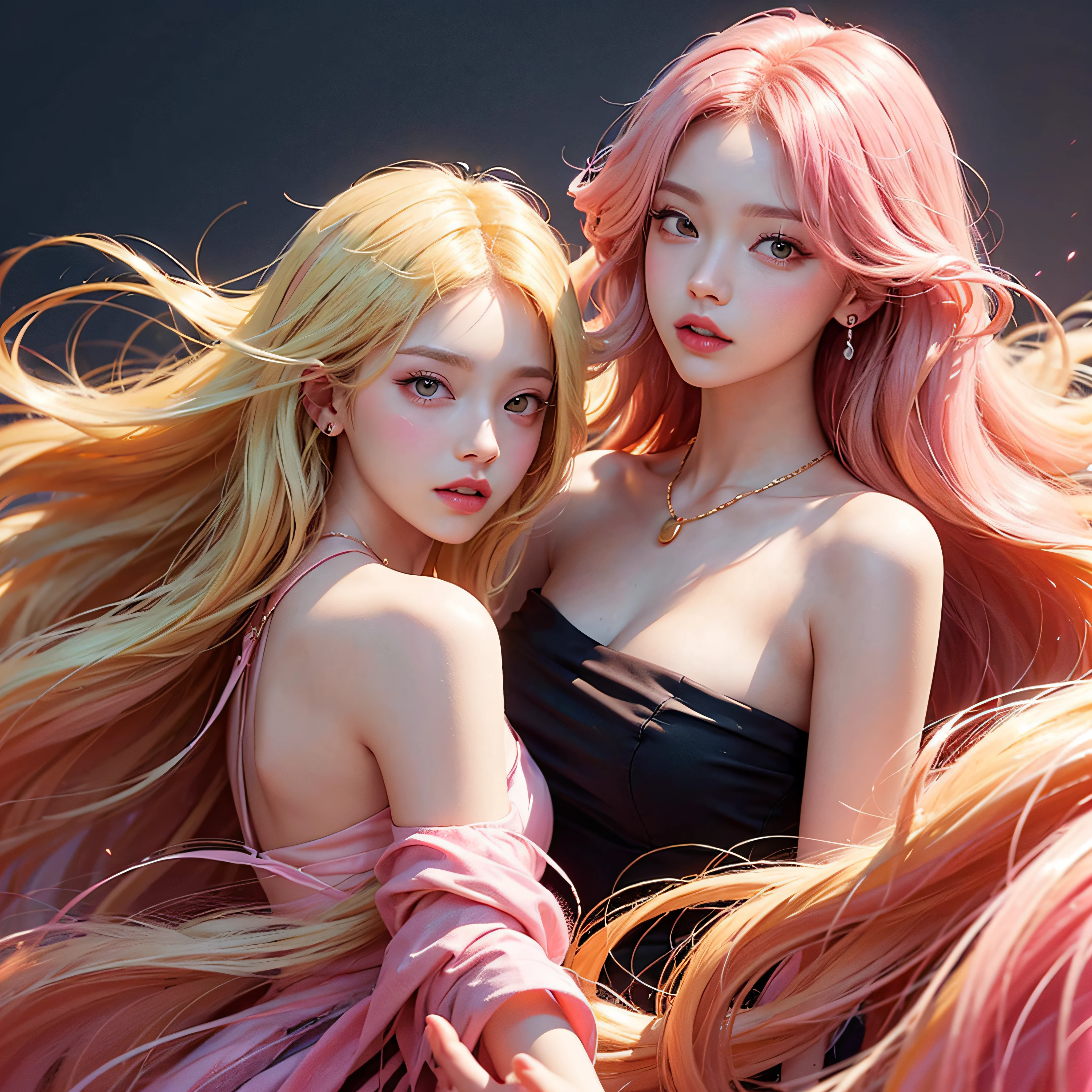 A woman with blonde hair and a necklace, digital art inspired by Yanjun Cheng, Tumblr, Rococo, portrait of jossi of blackpink, portrait jisoo blackpink, floating golden hair, Long flowing blonde hair, long bubblegum hair, coiffed blonde hair, Pink girl, pink hues, ((Pink)), Long blonde hair, blond straight hair, curly blond hair