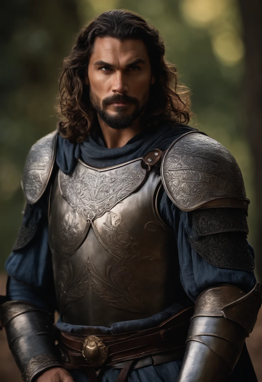 homem ator Jason Mamoa, with a beard and sharp brown eyes, corpo extremamente forte e musculoso, foto de corpo inteiro, sozinho, ((homem Elfo de 36 anos)), (((olhos castanhos detalhados ultra realistas))), detalhes intrincados de um homem com olhos castanhos, sorrir, wearing shiny steel silver armor like a medieval Paladin , hero pose, como um personagem de RPG Dungeon and Dragons, Knight of the Oath of Glory, ultra textura de pele, ((Detalhes do rosto, Armor with a navy blue tunic)), skin imperfections, detalhes intrincados, (standingn ), cabelo marrom escuro prezo com um rabo de cavalo, nevoeiro, volumeric lighting , ((faixas de luz no rosto)), cabelo bronze, sombras escuras, visualmente interessante, Ultra realismo.