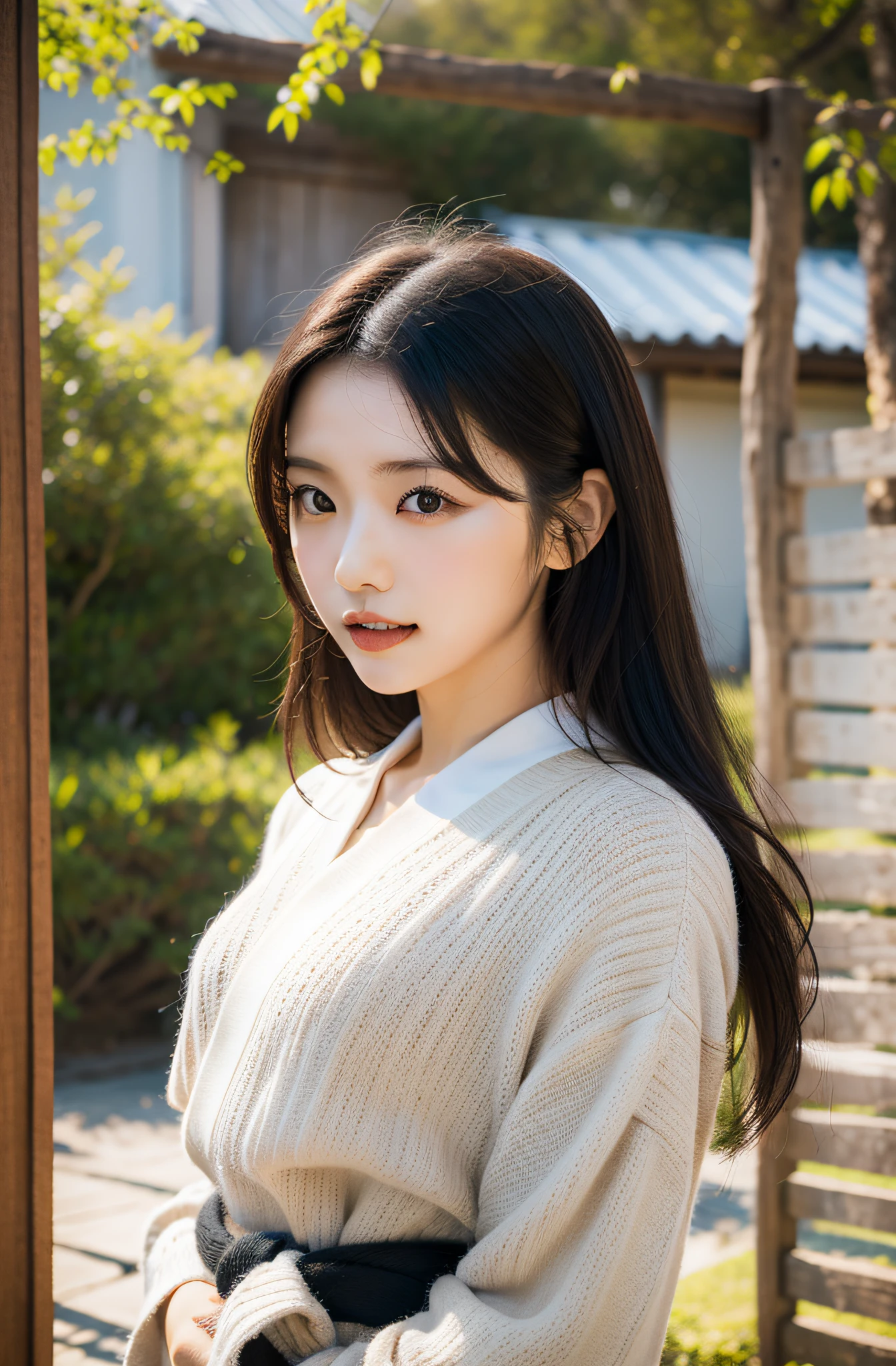 Eri Kamei from Morning Musume, Karateka dressed up, Stand at the entrance of a traditional dojo. She wears karategi, black belt, And bowing respectfully. The background depicts the name of the dojo and the scenery of the calm Japan. Image of her young々It should capture the beauty, Centered around her white teeth and her authentic look. Medium: Photography. Style: Ultra-realistic, Reminiscent of the traditional arts of Japan. Lighting: Soft, The tree々Early morning light passing through. Colors: Pop earthy tones of black and white from her outfit. Composition: Shooting with Canon EOS 5D Mark IV Digital SLR Camera, EF 50mm f/1.8 STM lens, Resolution 30.4 megapixels, ISO sensit: 100, Shutter Speed 1/125 sec. The focus should be sharp, With depth of field to slightly blur the background, Emphasize Eri in the foreground. --ar 16:9 - V5.1 --Style raw --Q 2 --S 750