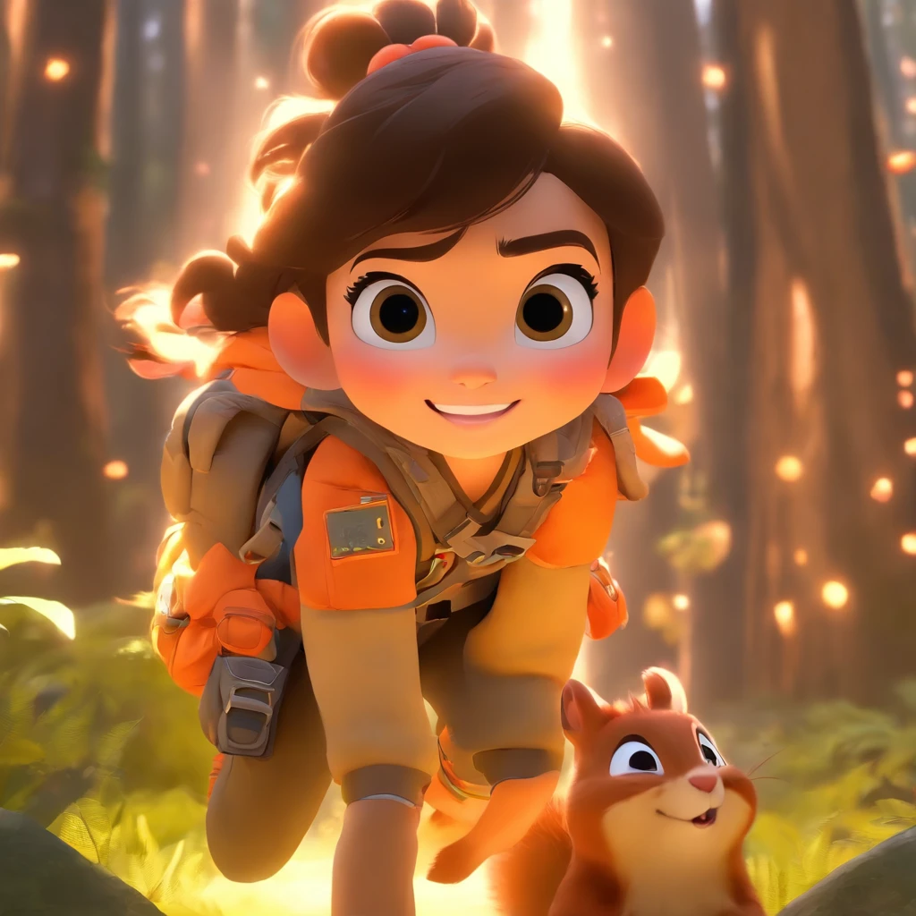 (Pixar style),Five-year-old Chinese girl,Carry an oversized adventure bag,On the shoulder stands a small squirrel,in the early morning,Set off on an expedition,Miniature character model in the forest, Light source from right to left, Rum lighting, Light source from right to left, (iso-distance view), (Top down), Realistic proportions, Post-processing, ((Orthogonal perspective)), Super detail, Realistic, Super realistic, photoreal render, Irridescent color, glitters