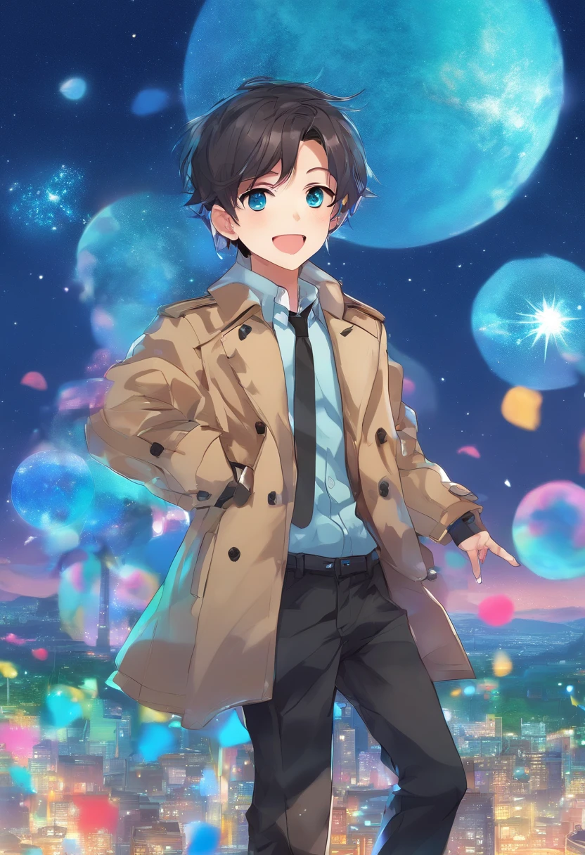 (best quality, masterpiece),(1boy, trench coat,expression face, teal eyes, looking at viewer, black hair, closed mouth, dress shirt, black jeans, looking at viewer), (less blue light, swrling many blue glass pieces behind, floating objects, night sky)