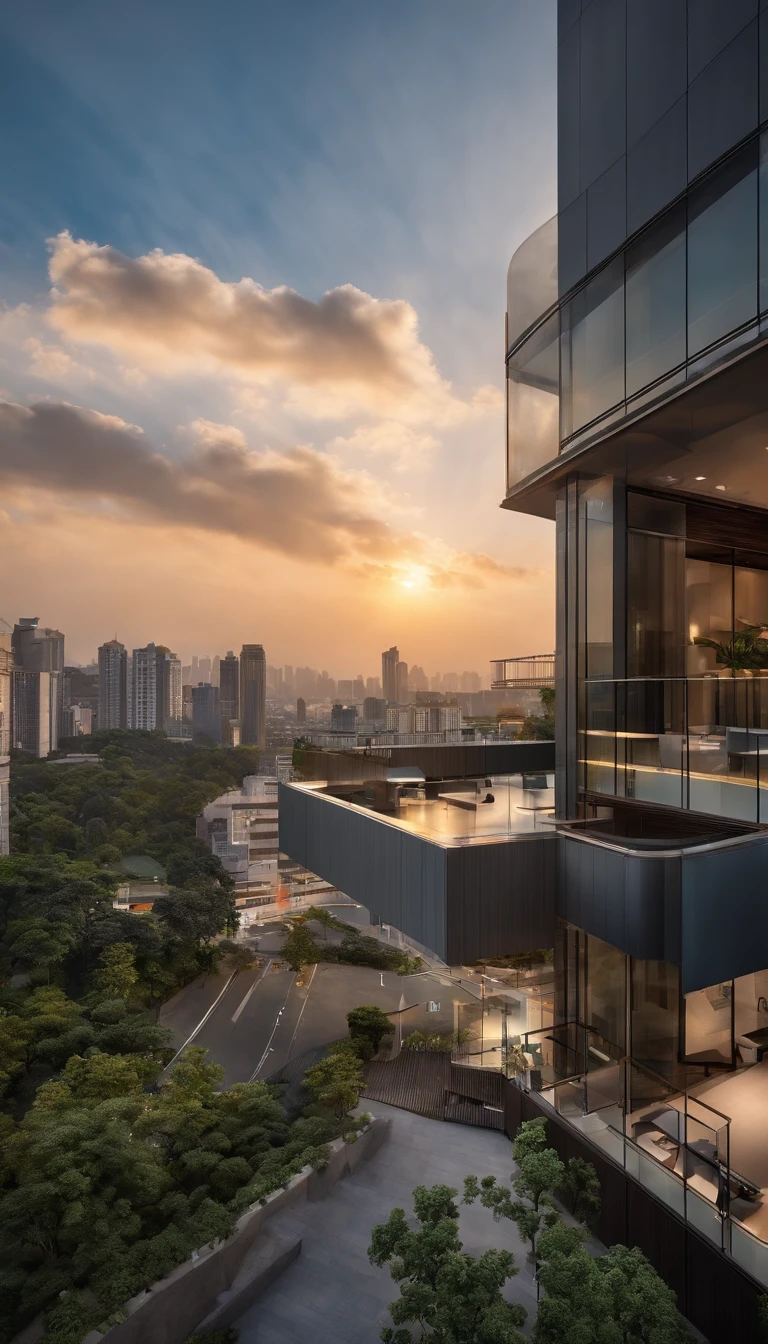城市,office building,clouds,starrysky,early evening,the setting sun,Half city, half sky,surrounded by cloud,Thick clouds,high qulity,tmasterpiece,Hyper-realistic,Ultra photo realsisim,8K,super-fine,ultra - detailed,Ultra-wide angle of view,dynamic viewing angle,NOhumans
