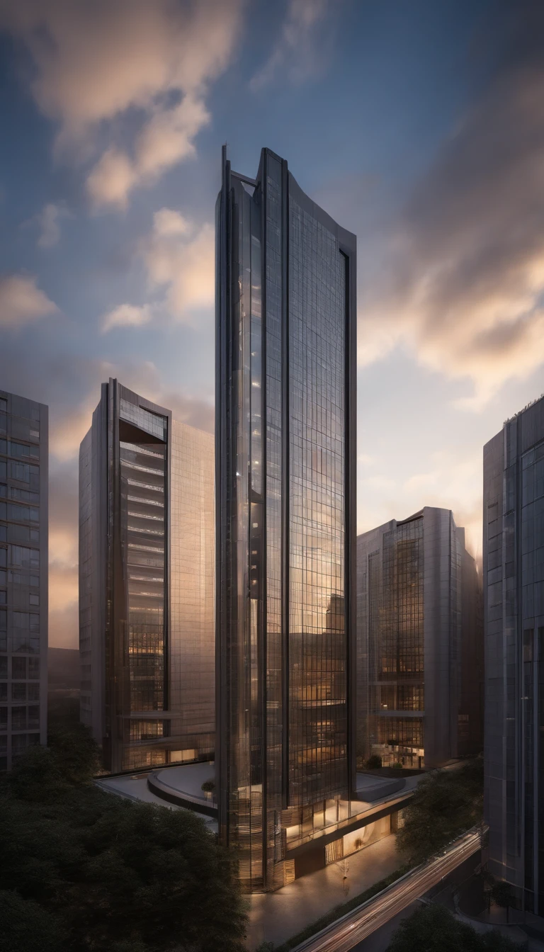 城市，office building，​​clouds，starrysky，early evening，the setting sun，Half city, half sky，surrounded by cloud，Thick clouds，high qulity，tmasterpiece，Hyper-realistic，Ultra photo realsisim，8K，super-fine，ultra - detailed，Ultra-wide angle of view，dynamic viewing angle，NOhumans