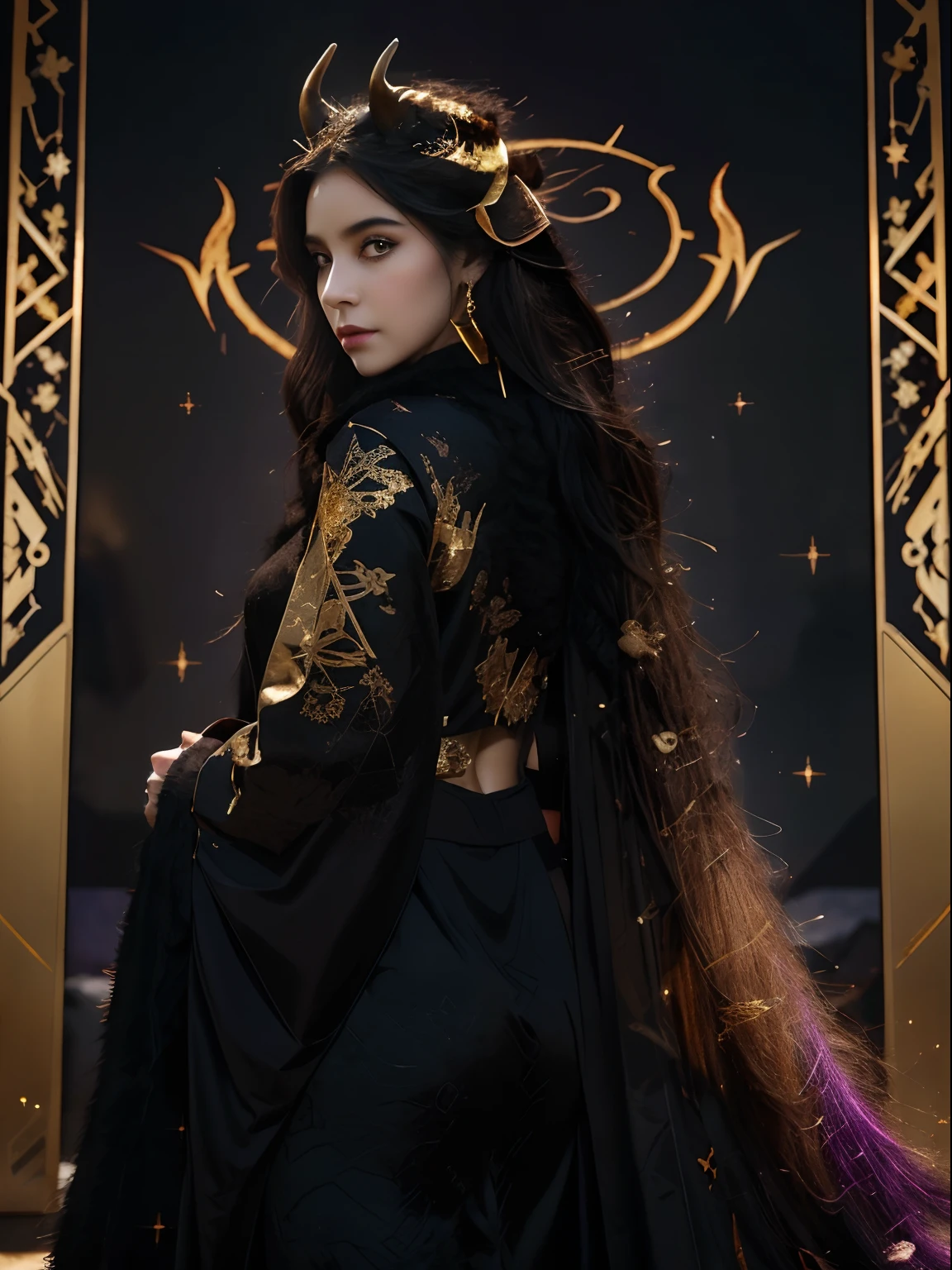 Dressed in black and bright fur，With looming gold lines，and lilac void flame，Its face resembles a sheep and a lion，The long tail is like a chyme，Four hooves like a deer，The back has wings，Two purple-gold branch horns on the head，A pair of eyes as bright as gold can see through everything