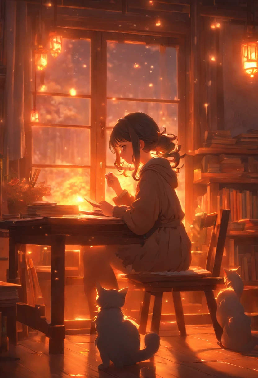 a girl studying at dusk, wooden floor with kitten on the table, eerie atmosphere, book movement, light "snow outside the window" falling, cinematic lighting, mystical, atmospheric, 3D rendering, high details, trends on ArtStation , 4K resolution, ultra-defined detailed pixel