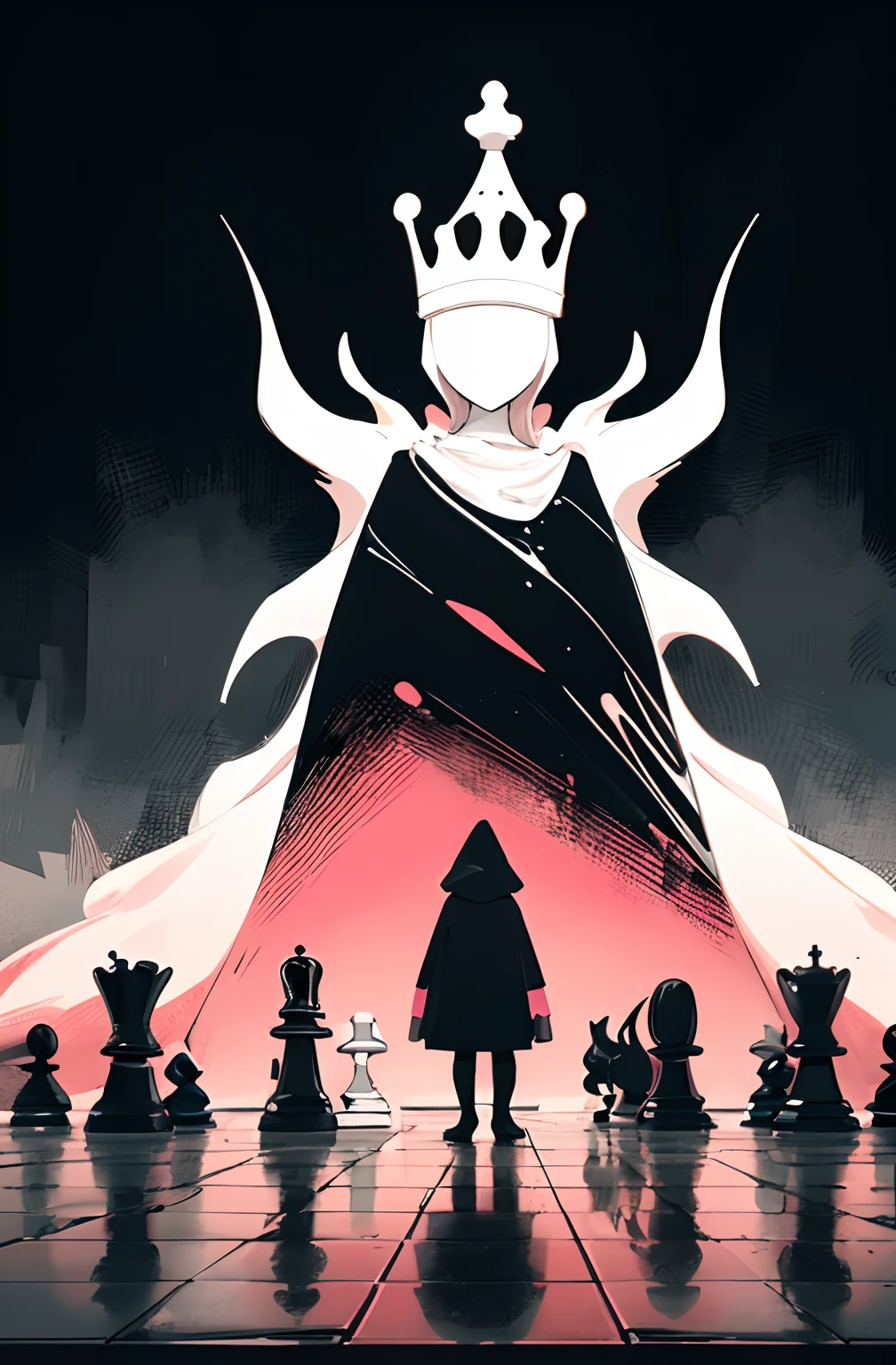 yellow, pink, black and white. Abstract. Capture a minimalist and simple photograph of a faceless figure, dressed in a monochromatic cloak, standing atop a giant chessboard surrounded by water.
