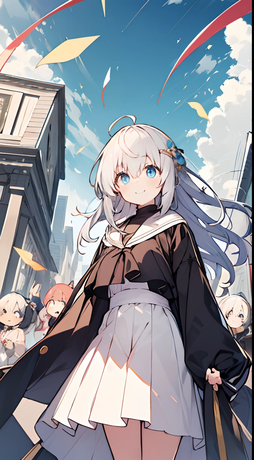 masutepiece, Best Quality,Illustration, Wallpaper, ultra -detail, Absurd beauty, 1beautiful girl、Glitter and big eyes、Hair fluttering in the wind、♡、Smaller head、miscievous smile:1.3、Angle looking up from below、♥️
