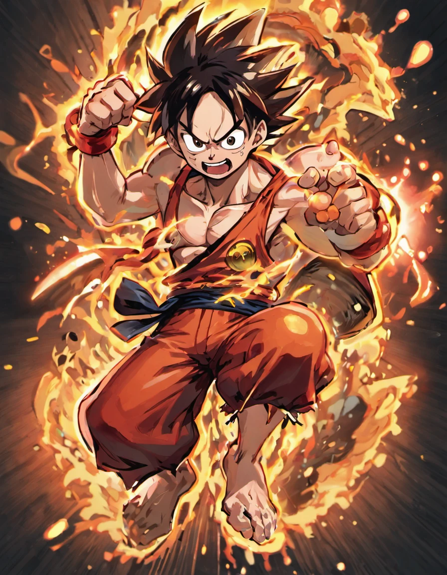 Full-body view of the Luffy and Super Saiyan combo，tmasterpiece，alto detalhe，melhor qualidade，in a panoramic view, hiper HD：： --v 5
