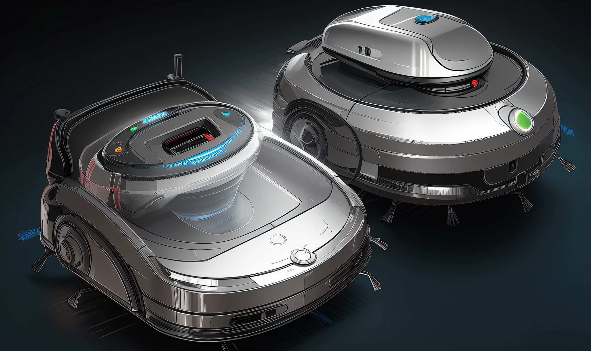 conceptual drawing, Concept illustration, concept art h 8 0 0, concept art-h 640, industrial design concept, Robot vacuum cleaner，Product modeling rendering，Ultra-clear image quality，Dark background，Technological color matching