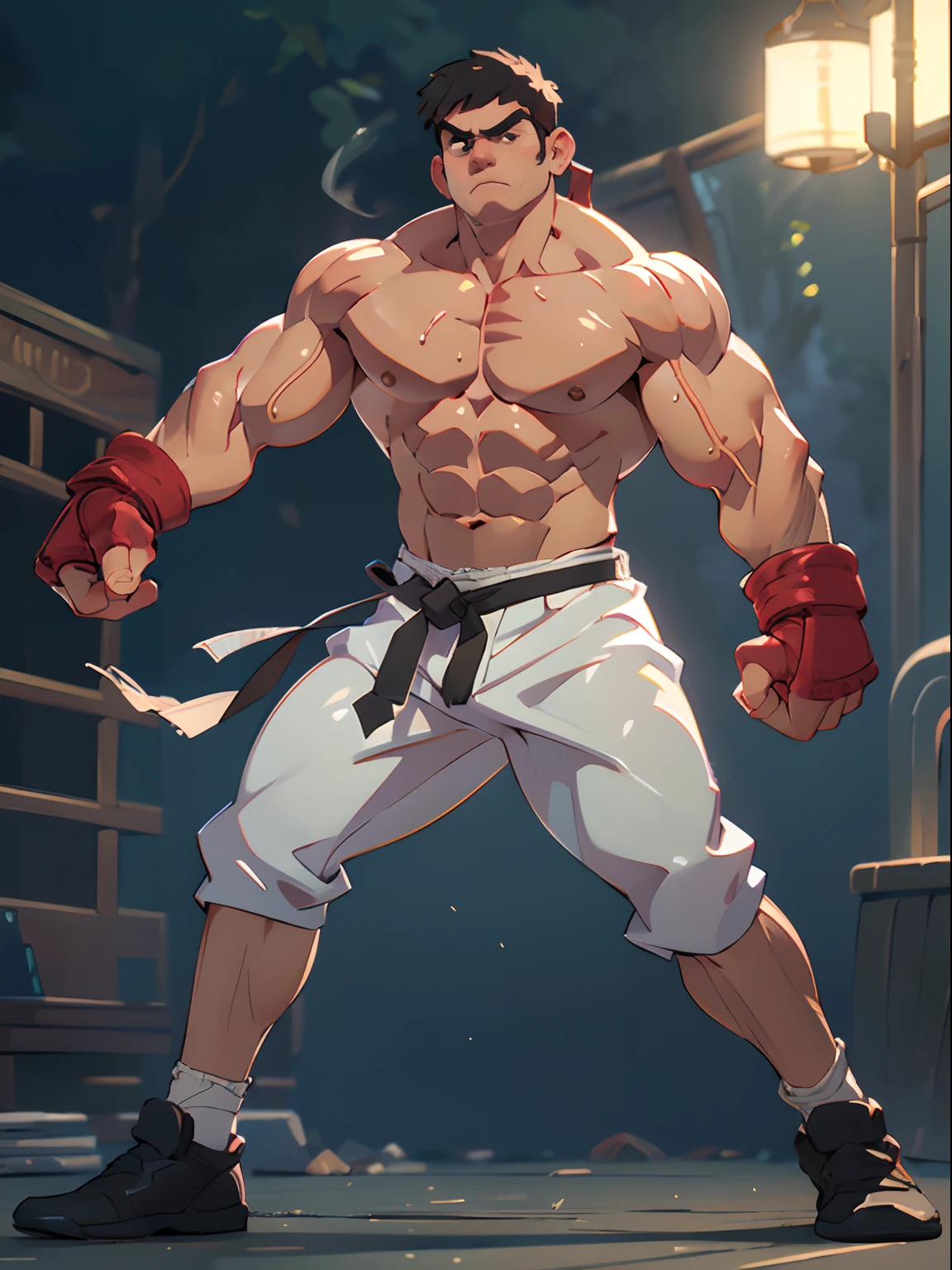 Mighty fighter, chest exposed, lower body unclothed from thighs to feet, flowing long curls, detailed muscular physique, photorealistic depiction, 4K resolution. Background: Martial arts dojo,32k uhd, best quality, masterpiece, super detail, high details