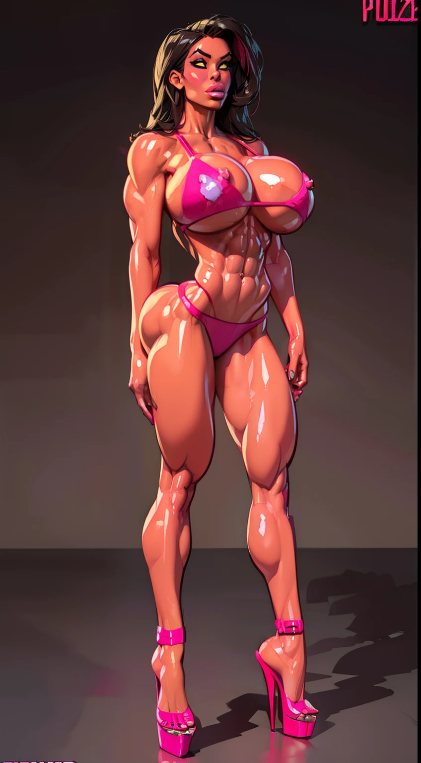 redshehulk (puffy lips:1.4), (gigantic breasts:1.2), design sheet, front view, neon pink bikini,  muscular, stiletto heels, masterpiece, (slendered abs:1.2) ,detailed , shiny skin, beautiful lighting from the side