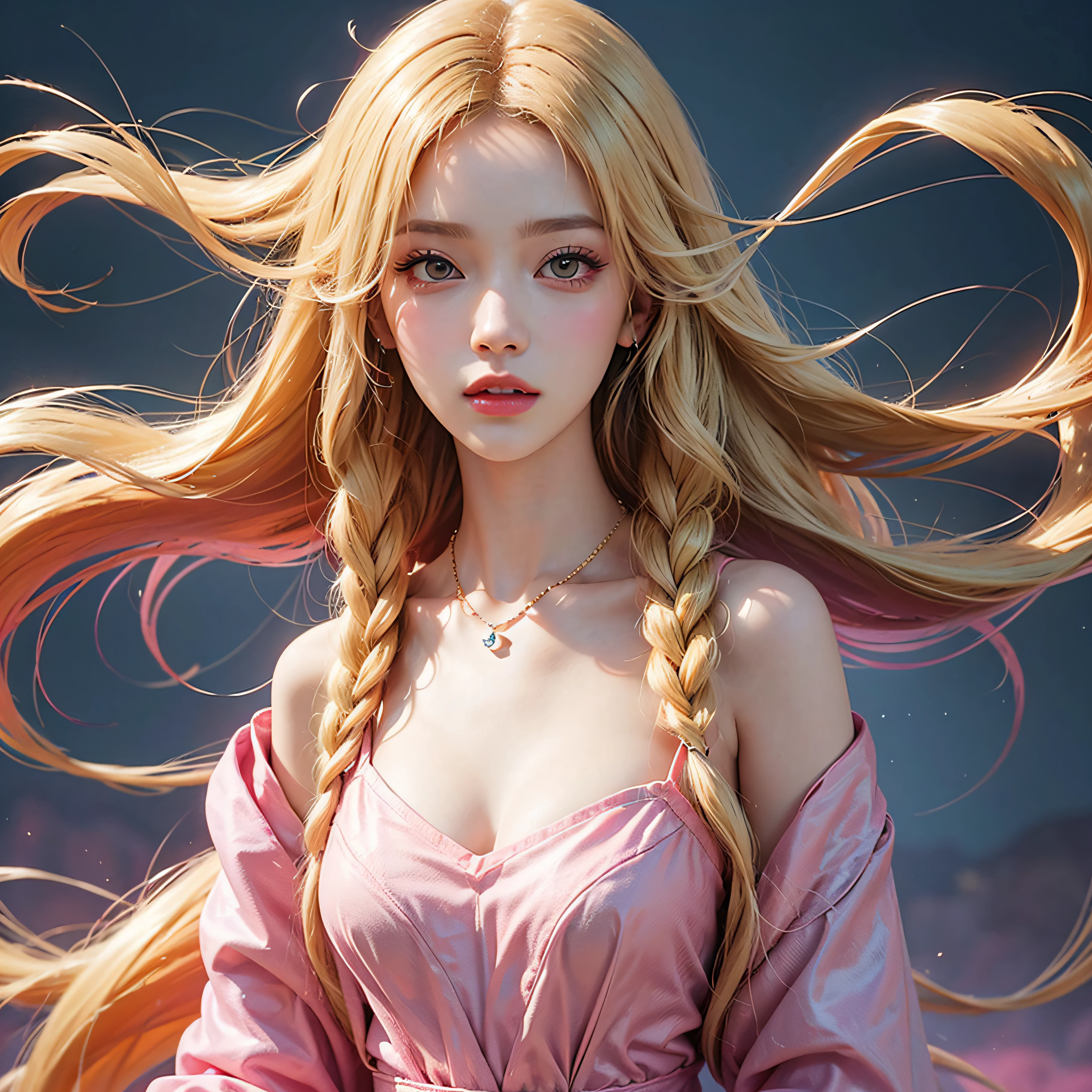 A woman with blonde hair and a necklace, digital art inspired by Yanjun Cheng, Tumblr, Rococo, portrait of jossi of blackpink, portrait jisoo blackpink, floating golden hair, Long flowing blonde hair, long bubblegum hair, coiffed blonde hair, Pink girl, pink hues, ((Pink)), Long blonde hair, blond straight hair, curly blond hair