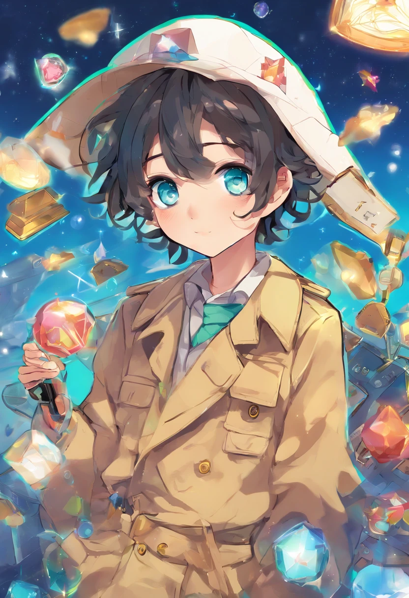 (best quality, masterpiece),(1boy, trench coat,expression face, teal eyes, looking at viewer, black hair, closed mouth, dress shirt, black jeans, looking at viewer), (less blue light, swrling many blue glass pieces behind, floating objects, night sky) dark skin male with frizzy hair