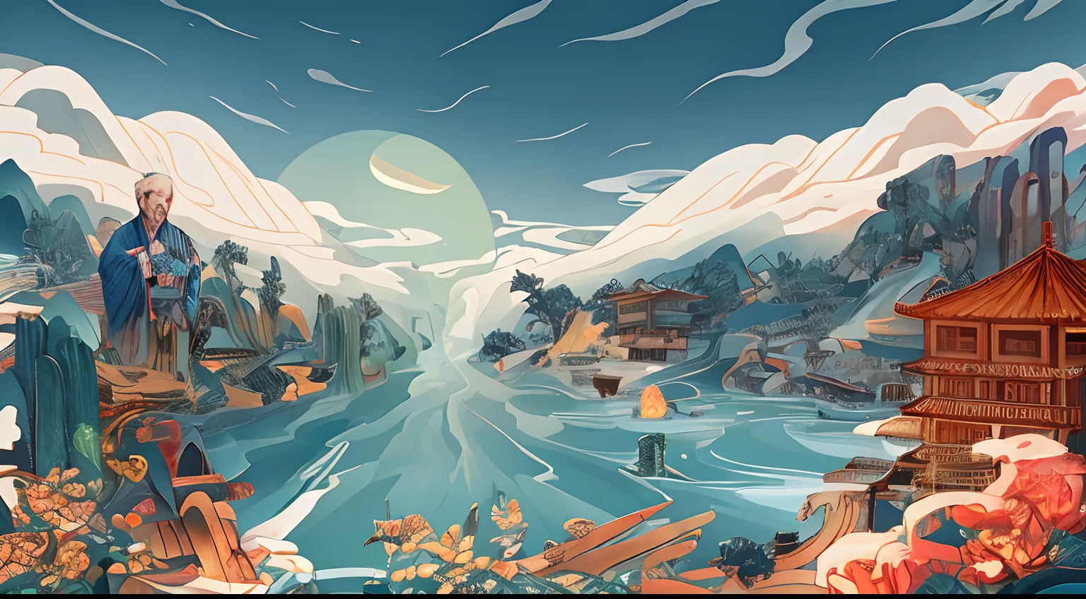 The tree、The landscape、Guochao illustration、mont、The tree、Eau、vegetation、florals、flod、water wave、Chinese architecture、suns、buliding、1. The old man touches his beard、yam
Excellent work,Extremely detailed picture description,8k wallpaper,Noticeable light and shadow effects,Ray traching,Obvious layers,depth of fields,Best quality at best,