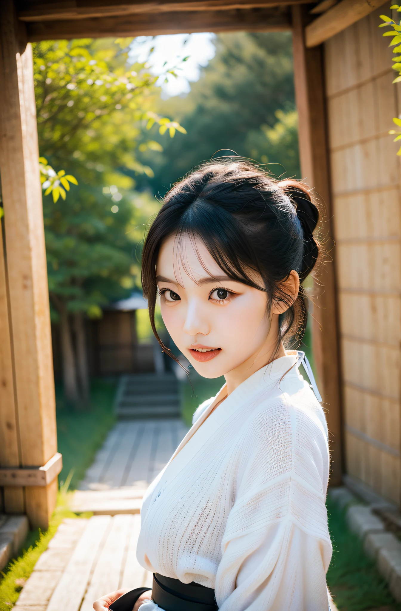 Eri Kamei from Morning Musume, Karateka Dress Up, Stand at the entrance of a traditional dojo. She wears karategi, Black belt, And bow respectfully. The background depicts the name of the dojo and the scenery of the calm Japan.. Her young image々It should capture beauty, Focusing on her white teeth and her authentic appearance. Medium: Photography. Style: Ultra-realistic, Reminiscent of the traditional performing arts of Japan. Lighting: Soft, The tree々Early morning light passes through. Colors: Black and white pop earthy tones from her outfit. Composition: captured with a Canon EOS 5D Mark IV DSLR camera, EF 50mm f/1.8 STM lens, Resolution 30.4 megapixels, ISO sensit: 100, Shutter Speed 1/125 sec. The focus should be sharp, With depth of field to slightly blur the background, Highlight Eri in the foreground. --ar 16:9 - V5.1 --Style raw --Q 2 --S 750