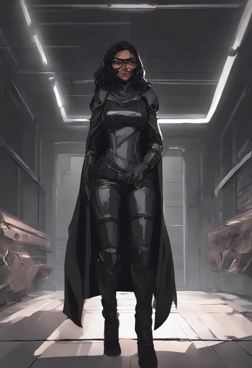face focus shot, 1 girl solo, light skinned African American girl, long curly straight black hair, glasses, huge tits, big thick ass, photorealism, smirking face, crossed arms, (leaning onto a wall), dark dirty grey suit, dark grey arms, ((no mask)), mask off, black hair, black gloves, best quality, masterpiece, high resolution:1.2, black cape, high detailed mask, high detailed suit, high detailed face, award winning, night time, a dark cave in the background, indoors
