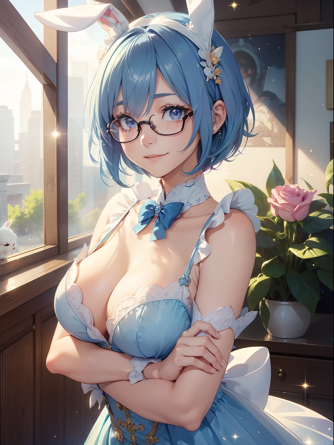 masutepiece, High resolution, 8K, anime woman, Delicate and detailed writing 、Detailed digital illustration、(((Pixie Bob)))、Shiny hair、a very beautiful woman、Eyes are double, Large,、 Bust is D cup、High image quality, High quality、Detailed background、The inside of the eye shines like a diamond、(((Blue hair)))、(((swept bangs)))、Gradient pupil、(((2 arms、4 fingers, 1 thumb)))、Detailed female face、a very beautiful woman、、细致背景、​masterpiece、Soft Focus , Bright gradient watercolor , Lens Flare , (((Glitter))) , Glow , Dreamy ,Idol、Light blue ribbon、((Very beautiful light blue rose hair accessories))、White and light blue and golden costume、(((wears glasses)))、intelligent woman,、((Full smile))、((Macro for the eyes))、(((White rabbit ears、bunny girl outfit)))、((Cross your arms behind your back)))、((Holding a rabbit))