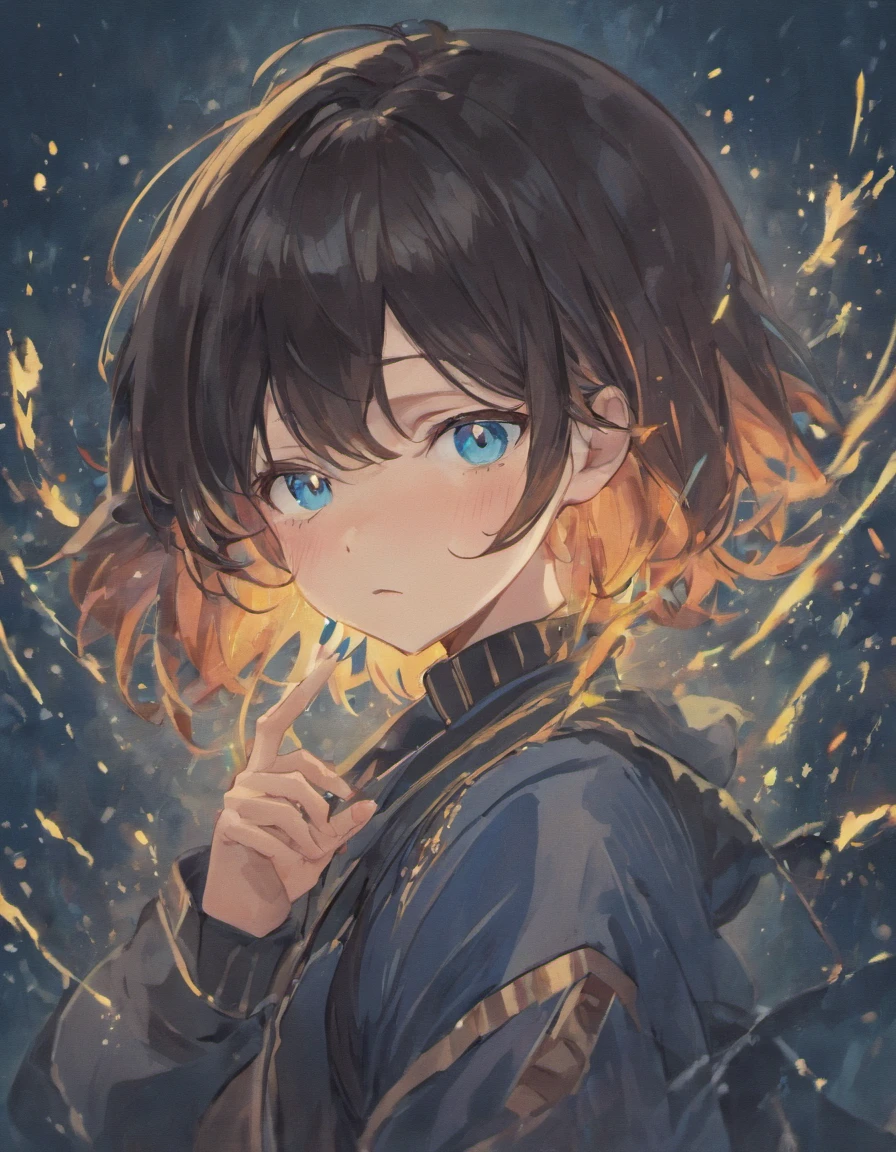 1boy, feminine features, black hair, blue eyes, anime style, embarrassed