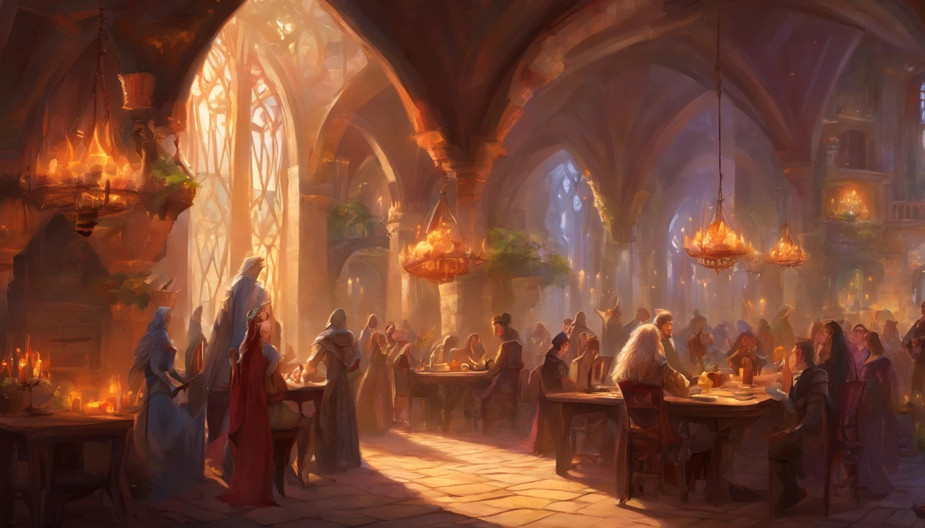 high fantasy, crowded inn with dining, medieval background