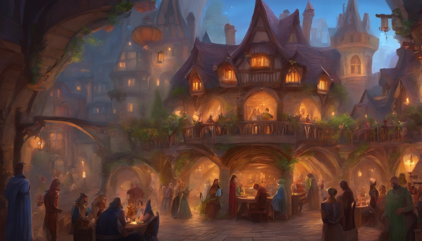 high fantasy, crowded inn with dining, medieval background