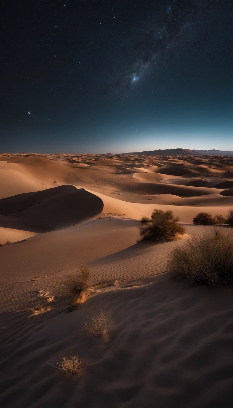 A desert,Half the sky,blue colors,starrysky,Native,high qulity,tmasterpiece,Hyper-realistic,Ultra photo realsisim,8K,super-fine,ultra - detailed,Ultra-wide angle of view,NOhumans,