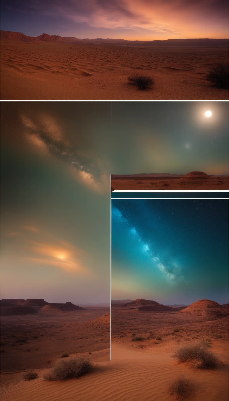 A desert,Half the sky,blue colors,starrysky,Native,high qulity,tmasterpiece,Hyper-realistic,Ultra photo realsisim,8K,super-fine,ultra - detailed,Ultra-wide angle of view,NOhumans,