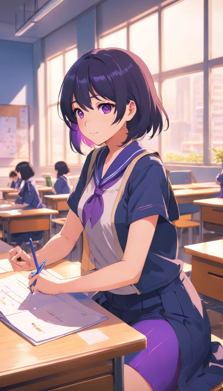 best qualtiy， tmasterpiece， 超高分辨率， realisticlying， 1 girl，（Gorgeous Hair in Long Purple）Gorgeous Hair in Long Purple，Heterochromic pupils，Sit at your desk with your hands over your thermos cup and look out the window，（Black collar），（Student kits）（Fit in shape），Purple stockings，‎Classroom，wide angles